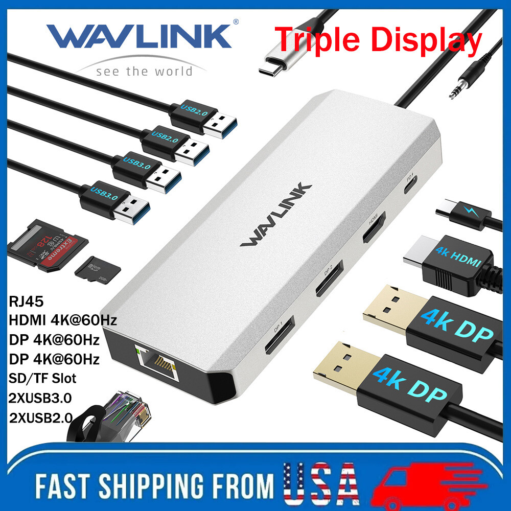 WAVLINK 100W USB C Hub Triple Monitor Laptop Docking Station 4K HDMI Dual 4K DP