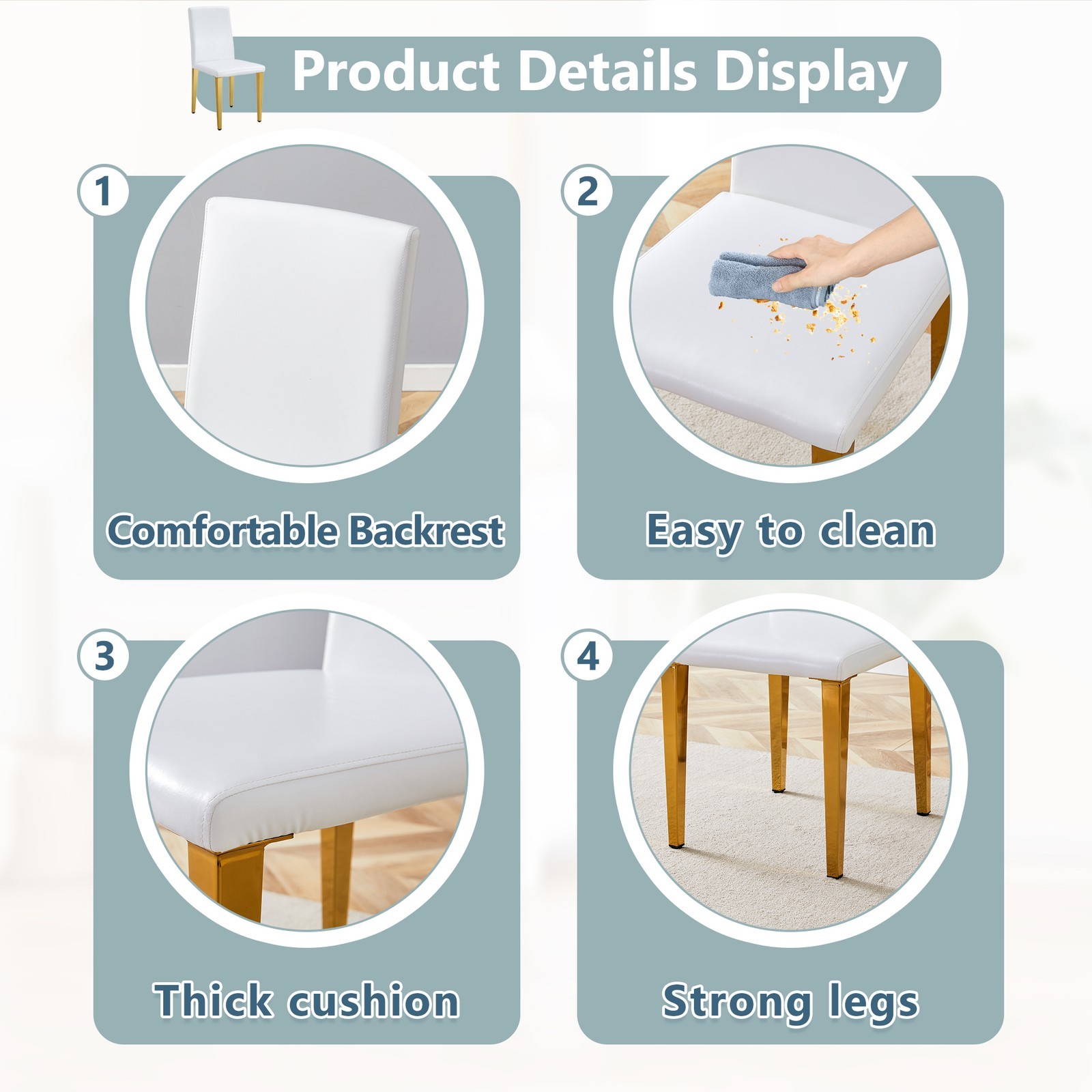 Set of 4 White PU Dining Chairs: 35.4" High, 18.5" Ergonomic Backrest