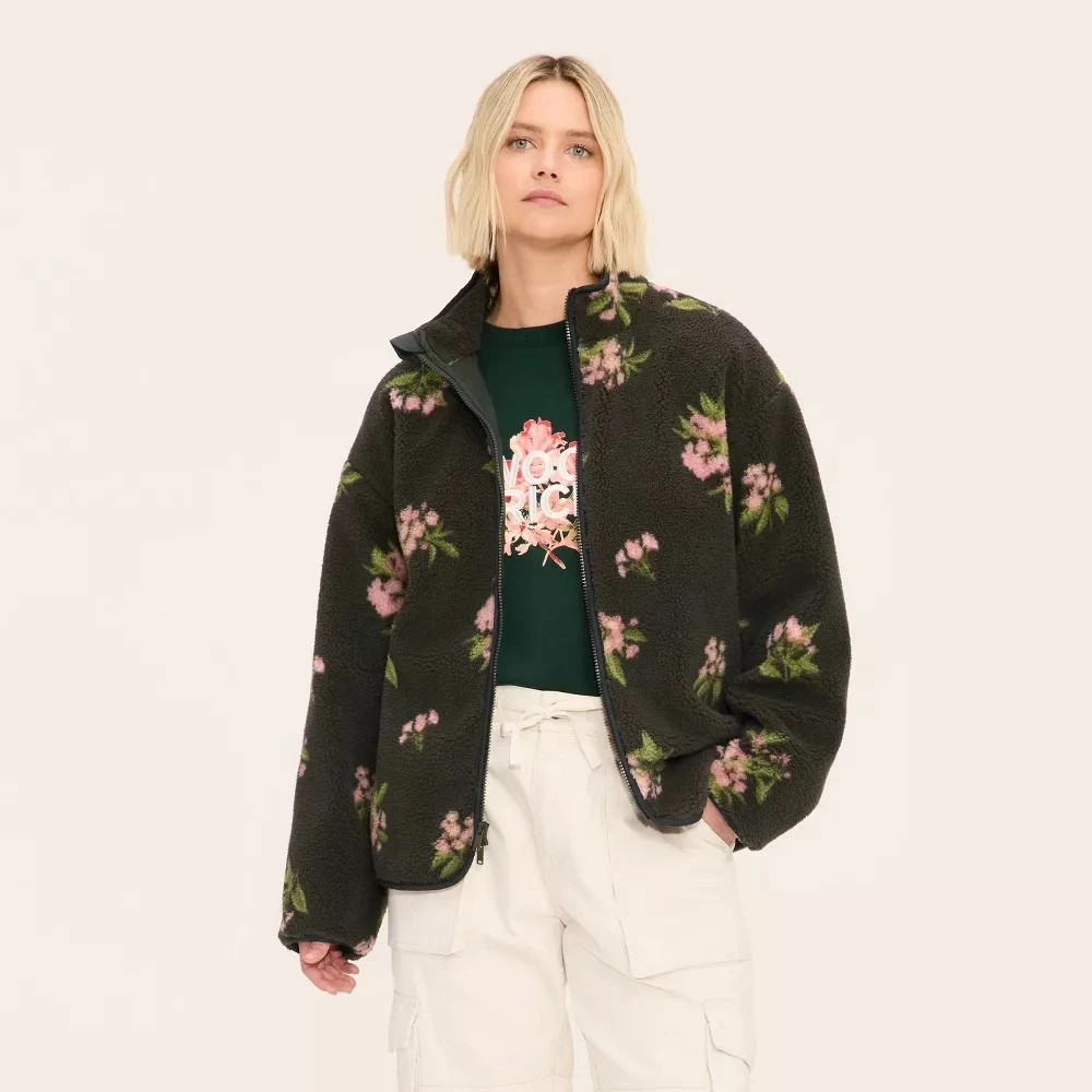 Woolrich Adult Floral Zip-Up Fleece Jacket - Olive Green M