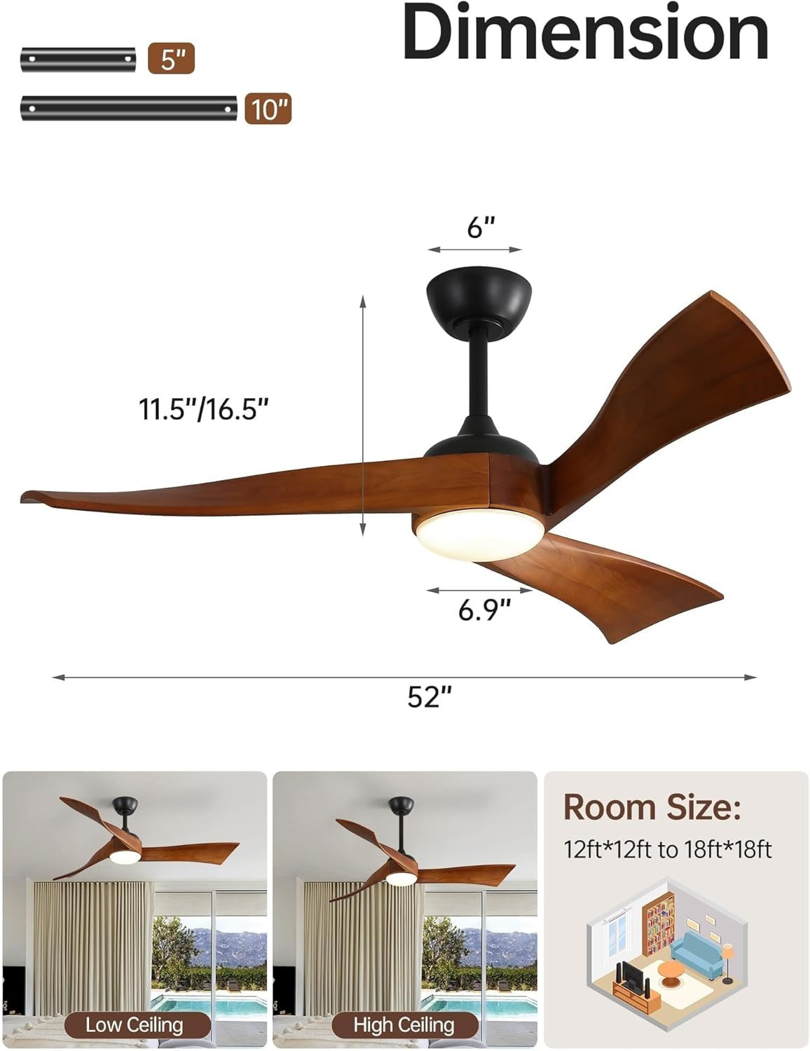 52 Inch Ceiling Fan with Light and Remote, Modern 3 Solid Wood Blades Ceiling Fa