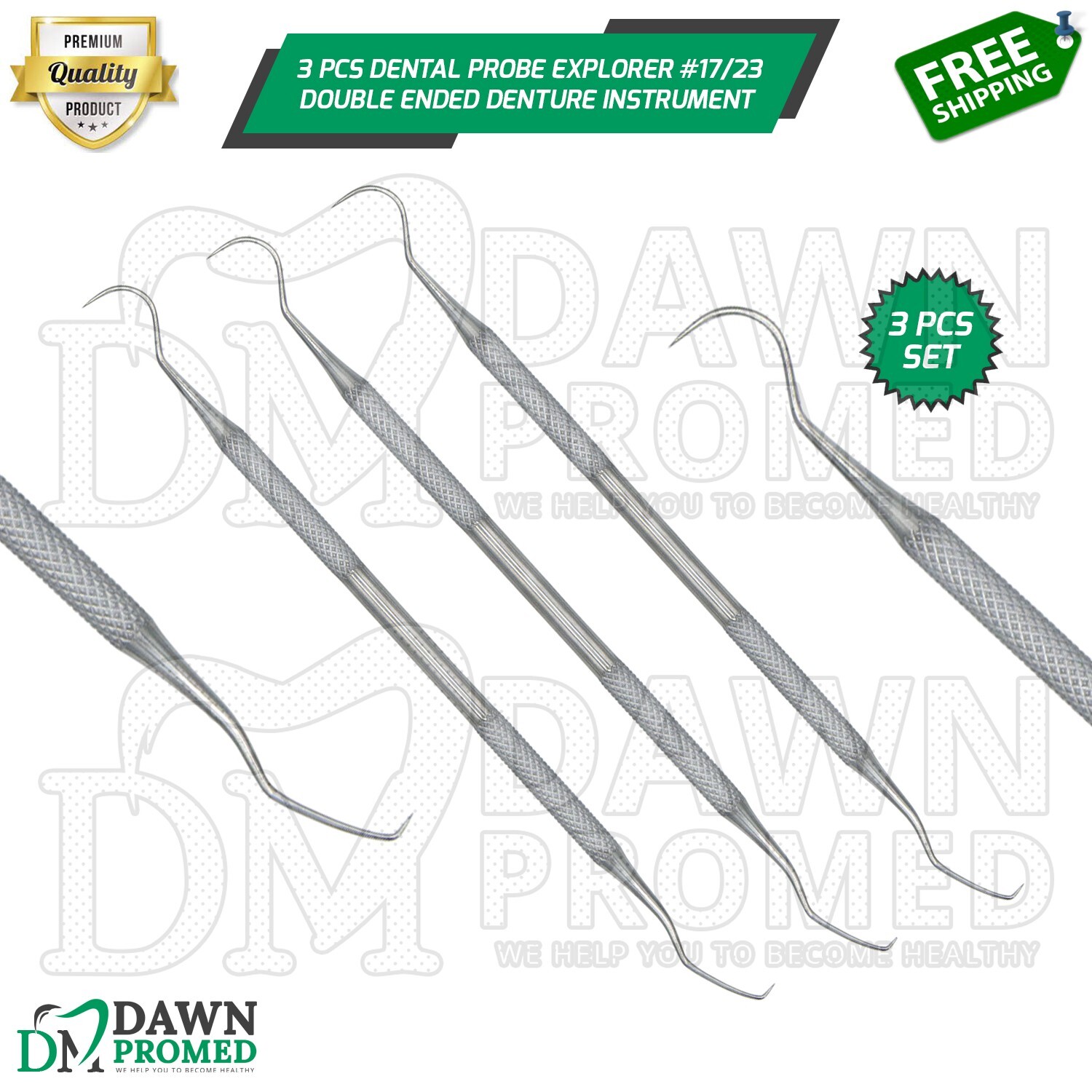 3 Pcs Dental Probe Explorer #23/17 Double Ended Denture Instruments German Grade