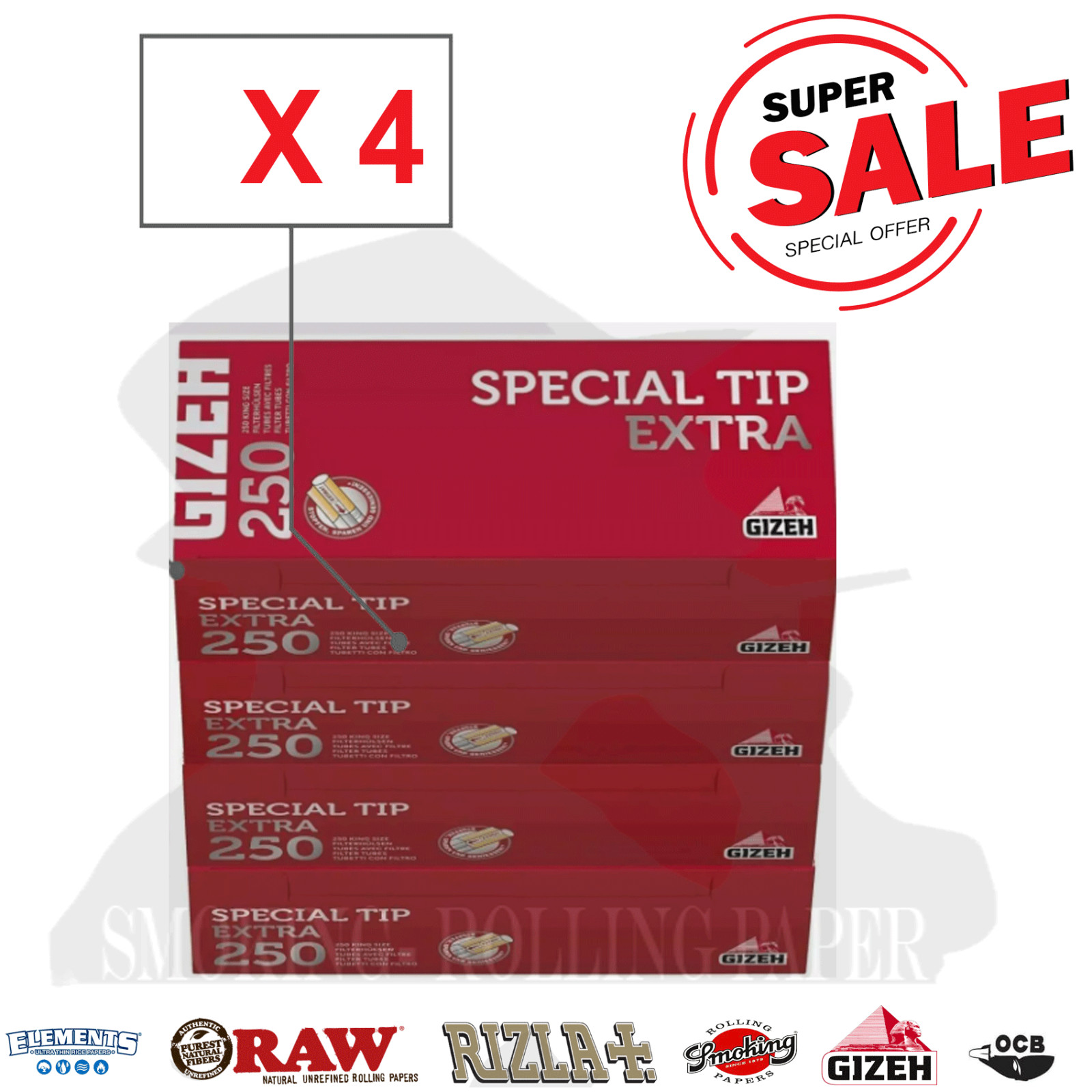 4 X Boxes Gizeh Filter Tubes Special Tip Extra King Size 250 in Box
