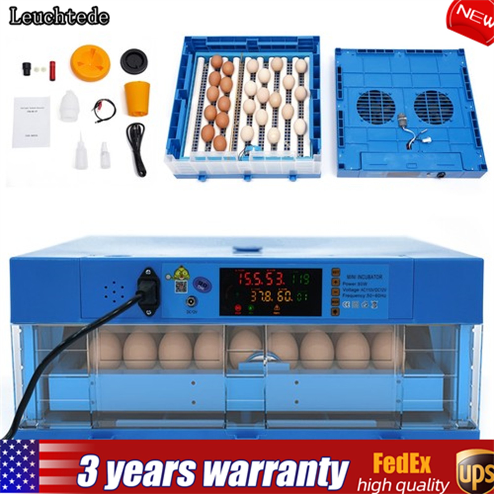 2-in-1 Auto Egg Incubator 48 Eggs Dual-Power Digital Poultry Hatcher Machine