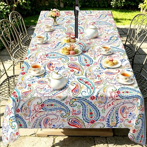 Outdoor Tablecloth with Umbrella Hole and 84" x 60" (Rectangular) Paisley Multi