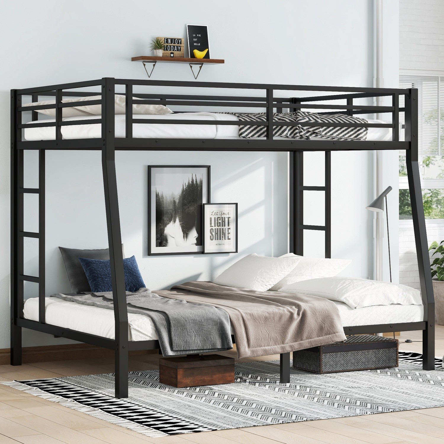 Full XL Over Queen Bunk Bed Heavy Duty Metal Bunk Bed Frame with 2 Ladders Black