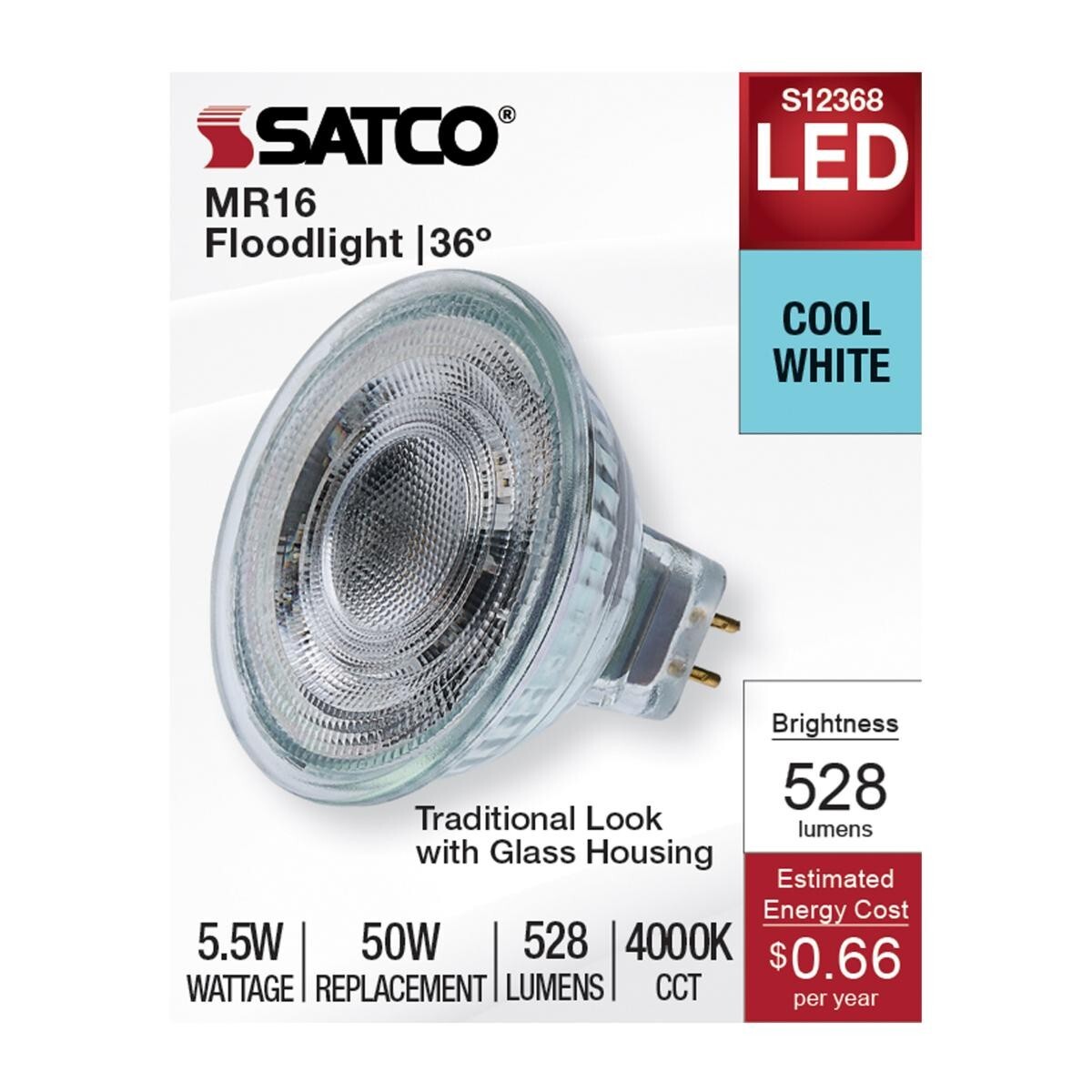Satco S12368  5.5 Watt MR16 LED Floodlight - 4000K CCT - 12 Volt (2,6, or 12 PK)
