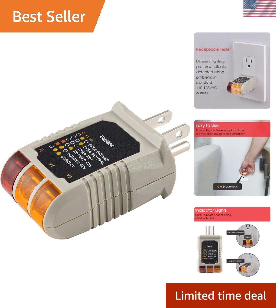 Compact 3-Wire Outlet Tester with 6 LED Indicators for Electrical Safety