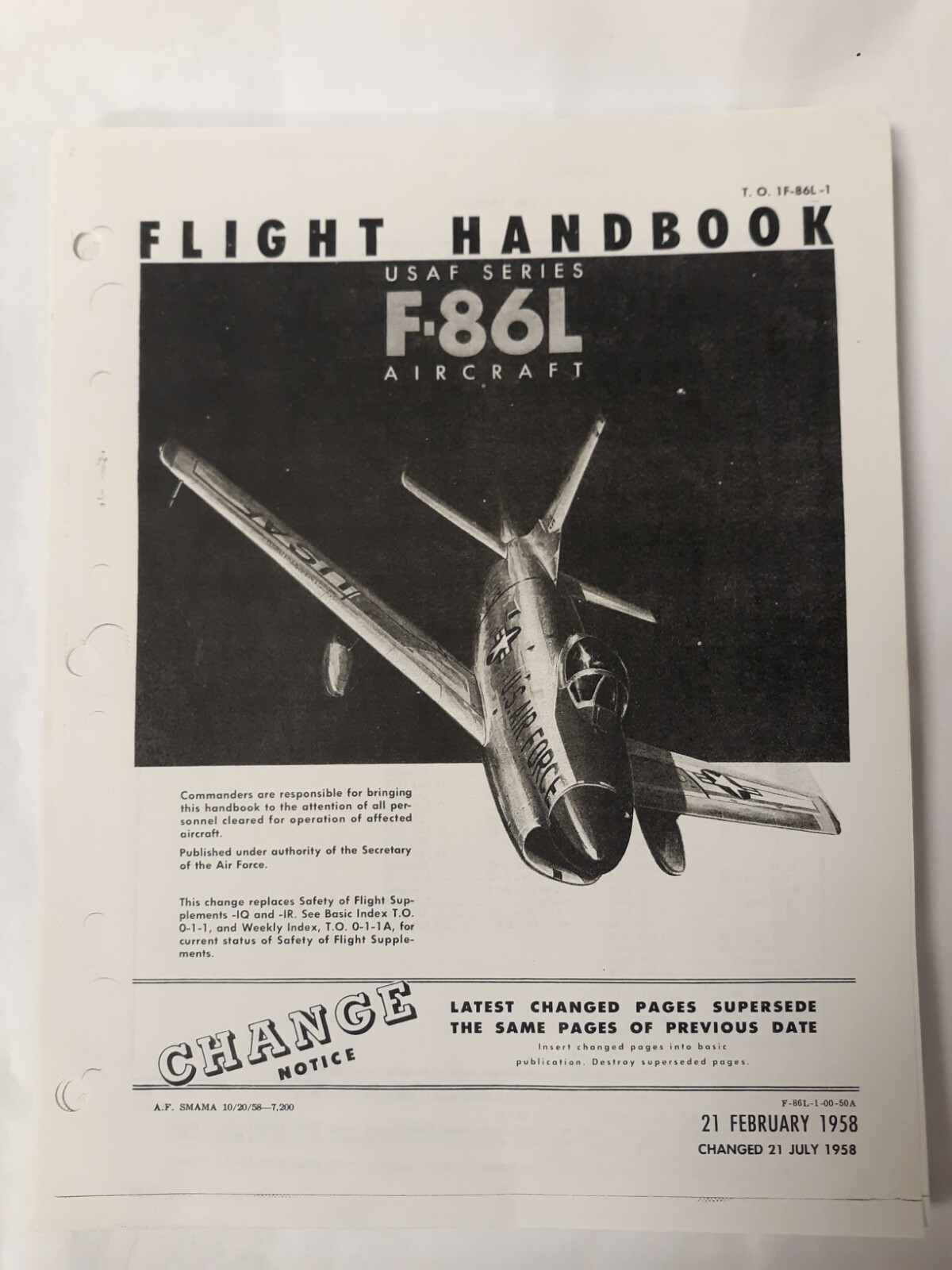 North American Series F-86L Aircraft Flight Manual T.O. 1F-86L-1, 1958 Copy