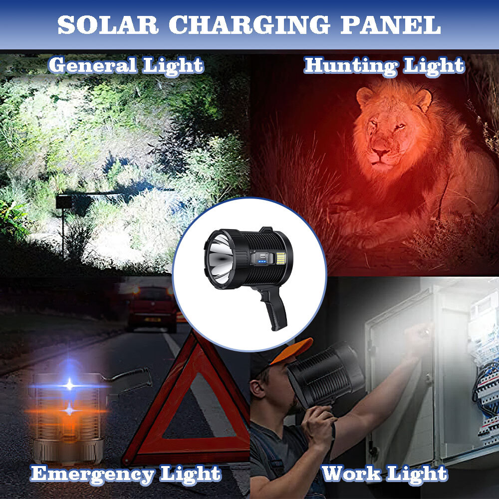 Solar Power 200000LM Super Bright LED Searchlight Spotlight USB Flashlight Light