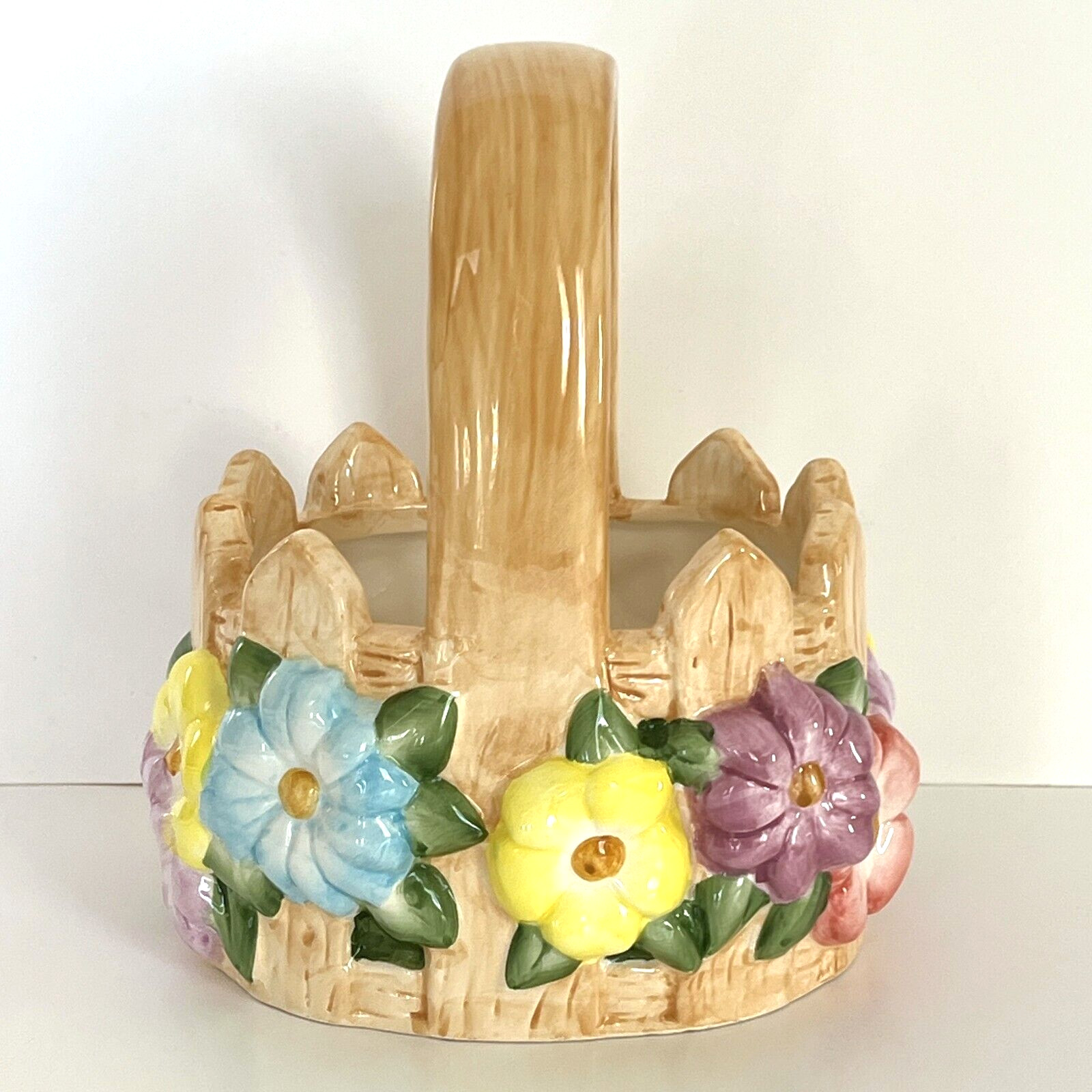 Ceramic Basket Planter Easter Spring Picket Fence Multicolor Spring Flowers