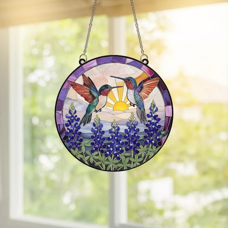 Texas Bluebonnet Hummingbird Acrylic Suncatcher