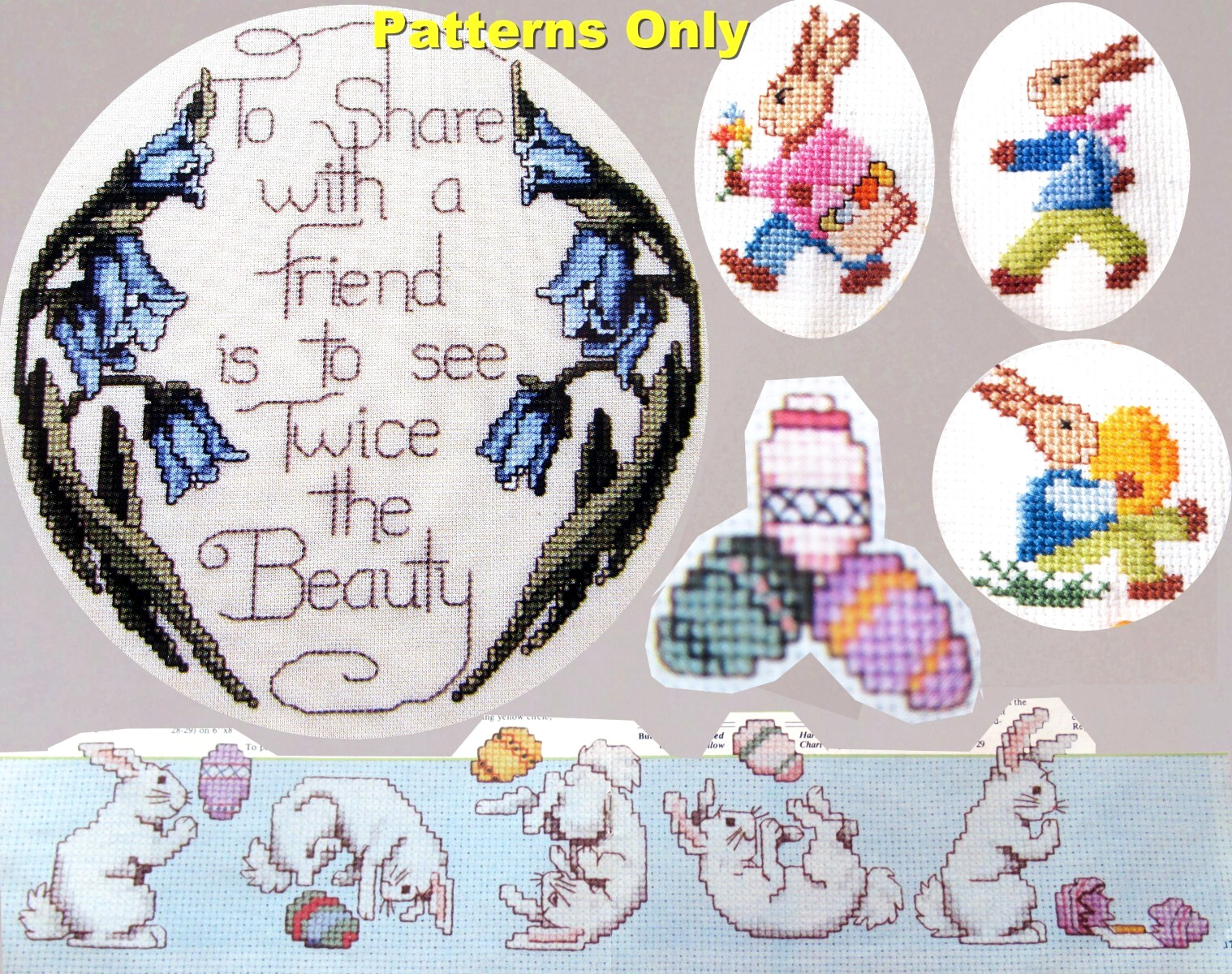 Share Beauty With Friend Tumbling Bunnies On Move Eggs CROSS STITCH PATTERNS