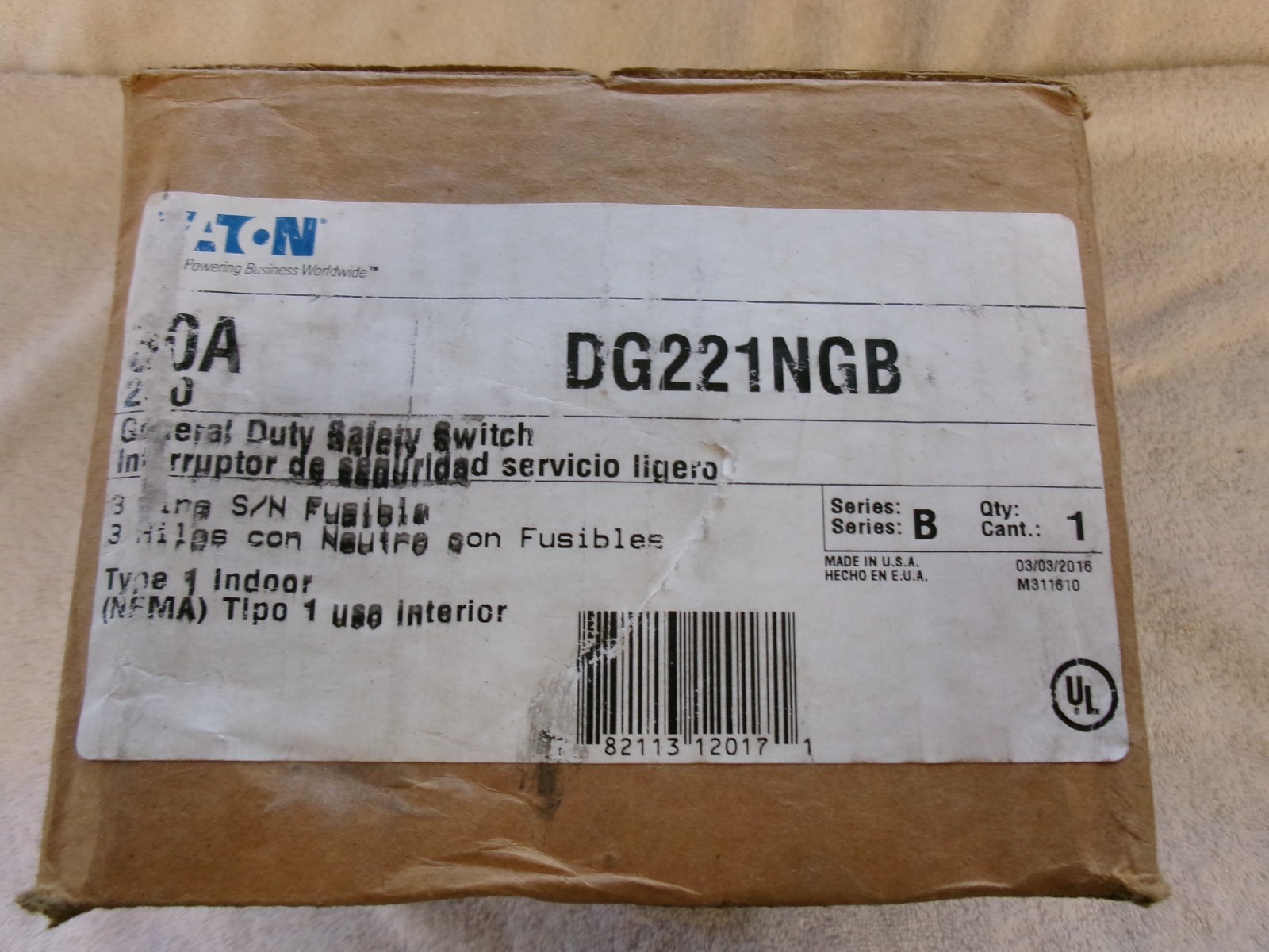 NIB EATON General Duty Safety Switch 30A 240VAC DG221NGB Ser B