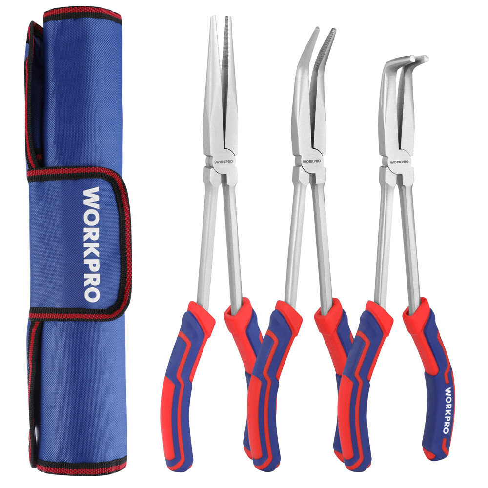 WORKPRO 3PC Long Reach Pliers Set 11 Inch Extra Long Needle Nose Pliers Set NEW