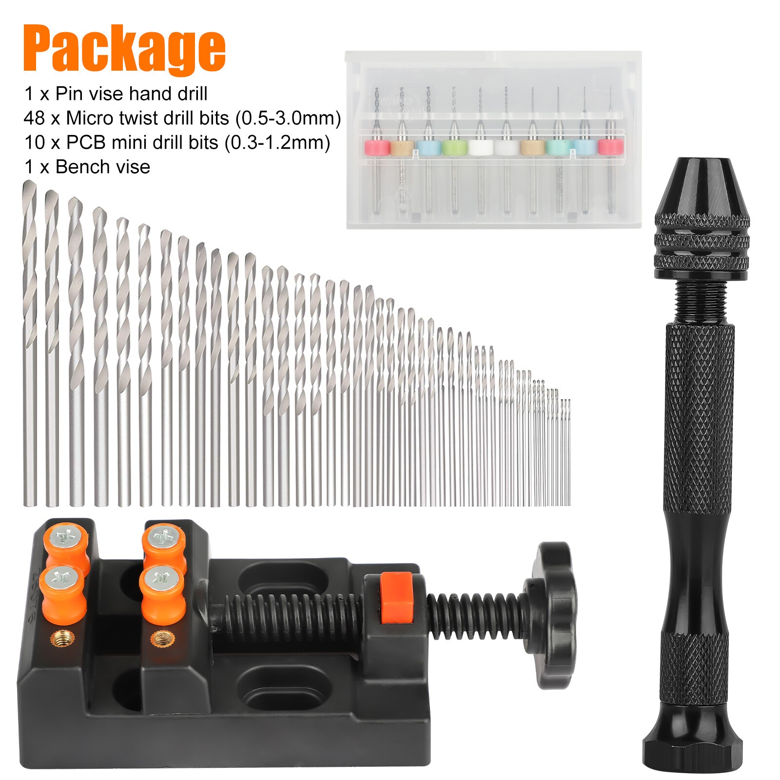 60Pcs Mini Micro Hand Drill Bits Set Small Manual Keyless Chuck Pin Vise Rotary