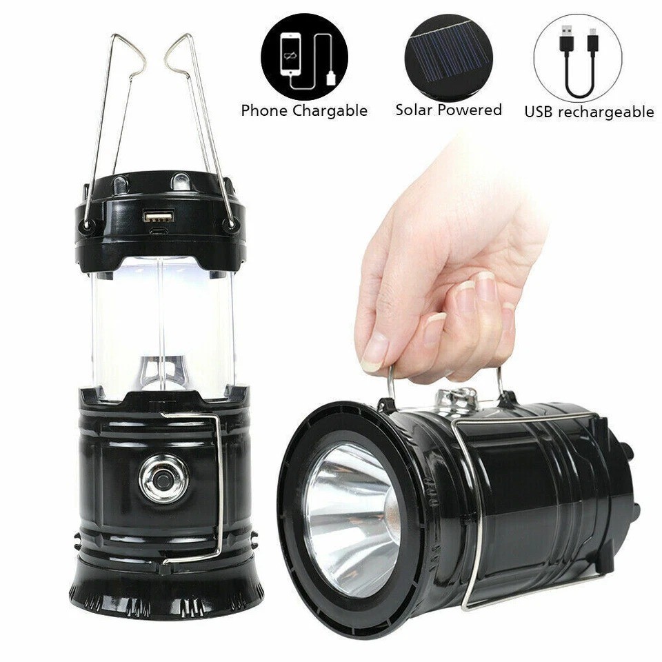 2x Solar Camping Lantern Flashlight Lamp Portable Rechargeable LED USB Power