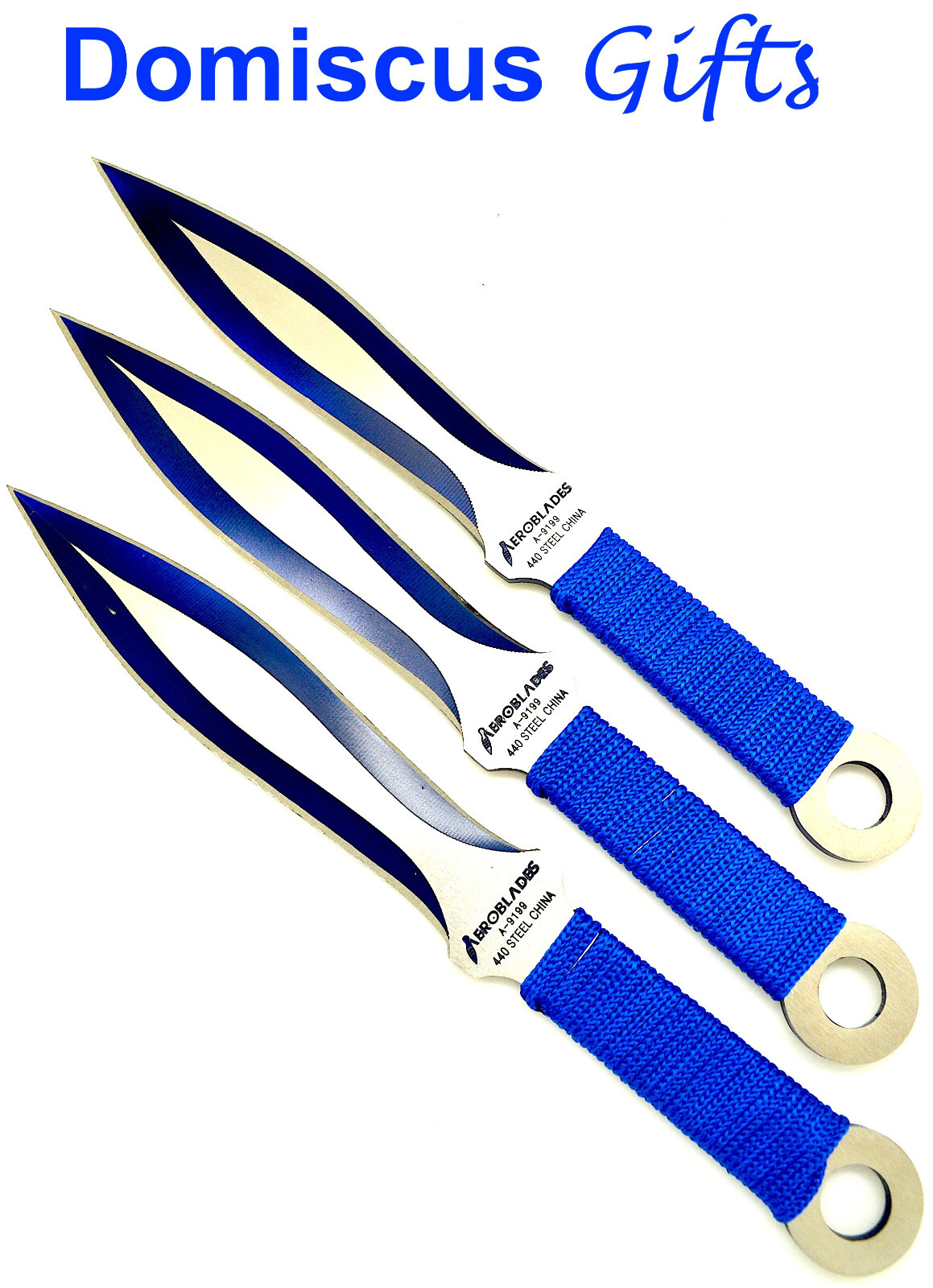 9" NEW! 3 Pc AEROBLADES Blue Cord-Wrapped THROWING KNIVES Throw Knife Set