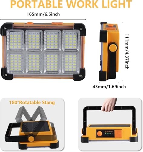 2 Pack 120W Solar Rechargeable Work Light, 144 LED 10000LM Yellow 2 Pack