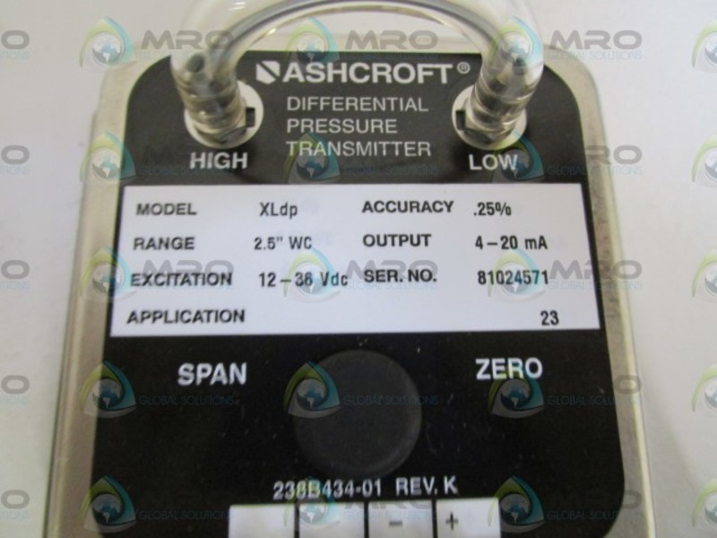ASHCROFT XLdp XL-3-MB2-42-ST DIFF. PRESSURE TRANSMITTER 2.5" WC NSMP