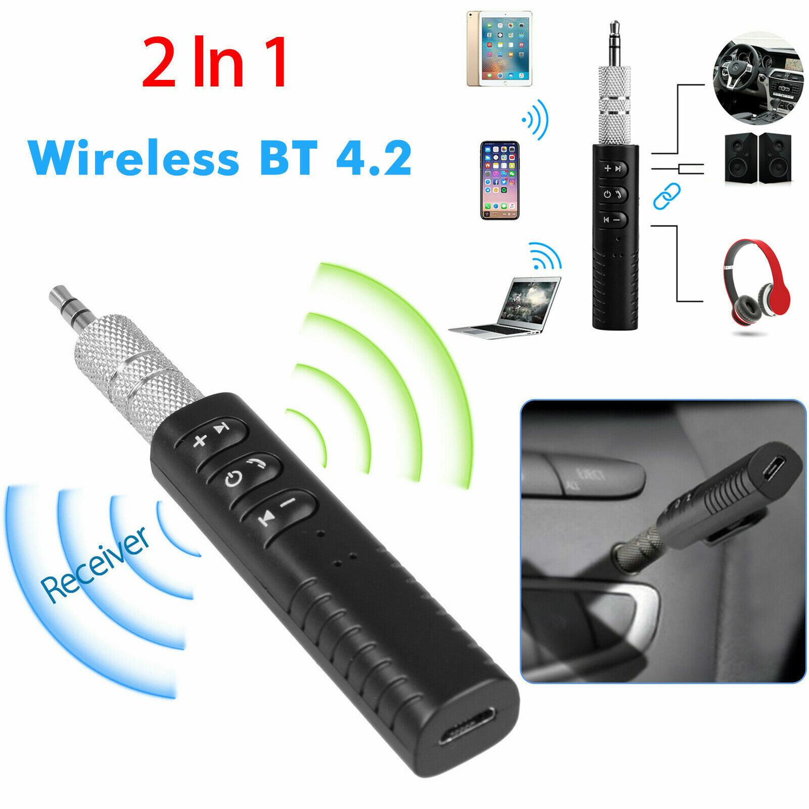 Wireless Bluetooth Receiver 3.5mm AUX Audio Stereo Music Hands Free Car Adapter