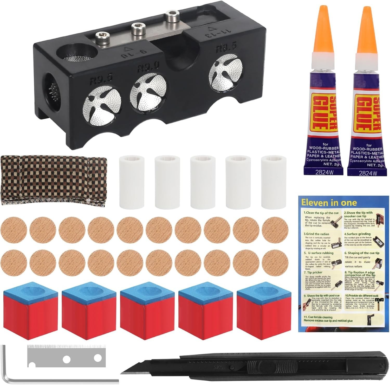 Pool Cue Tips Kit: 11 in1 Billiards Pool Cue Tip Repair Shaper Tool with 20pc...