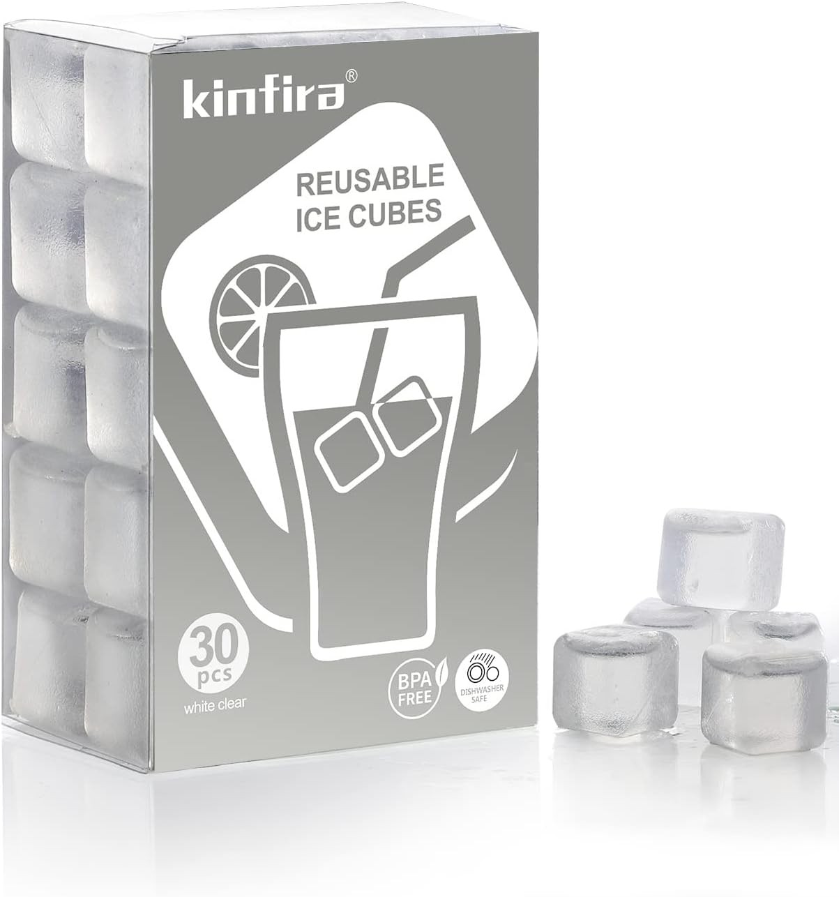 30 PCS Reusable Ice Cubes for Drinks - Refreezable 1 inch, white clear