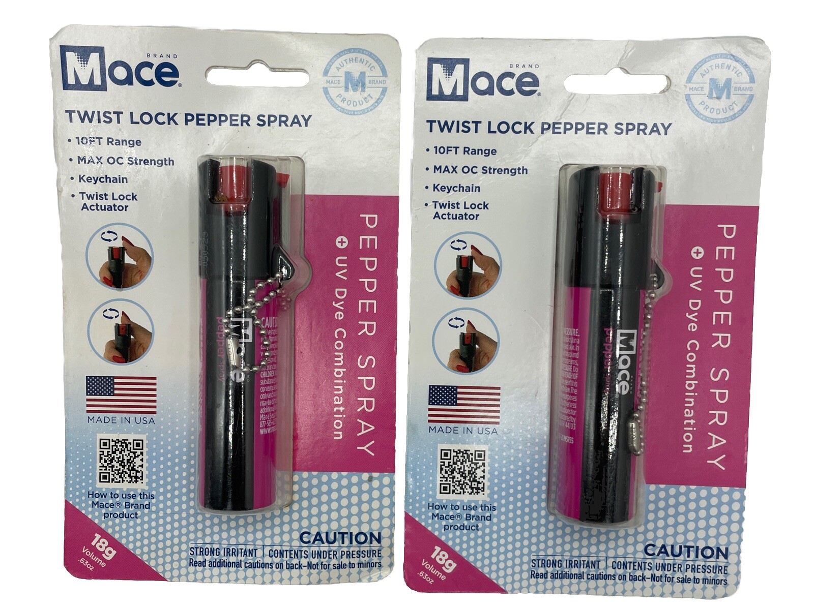 Mace Twist Lock Pepper Spray Max Strength UV Dye Combo X18 Grams Lot Of 2