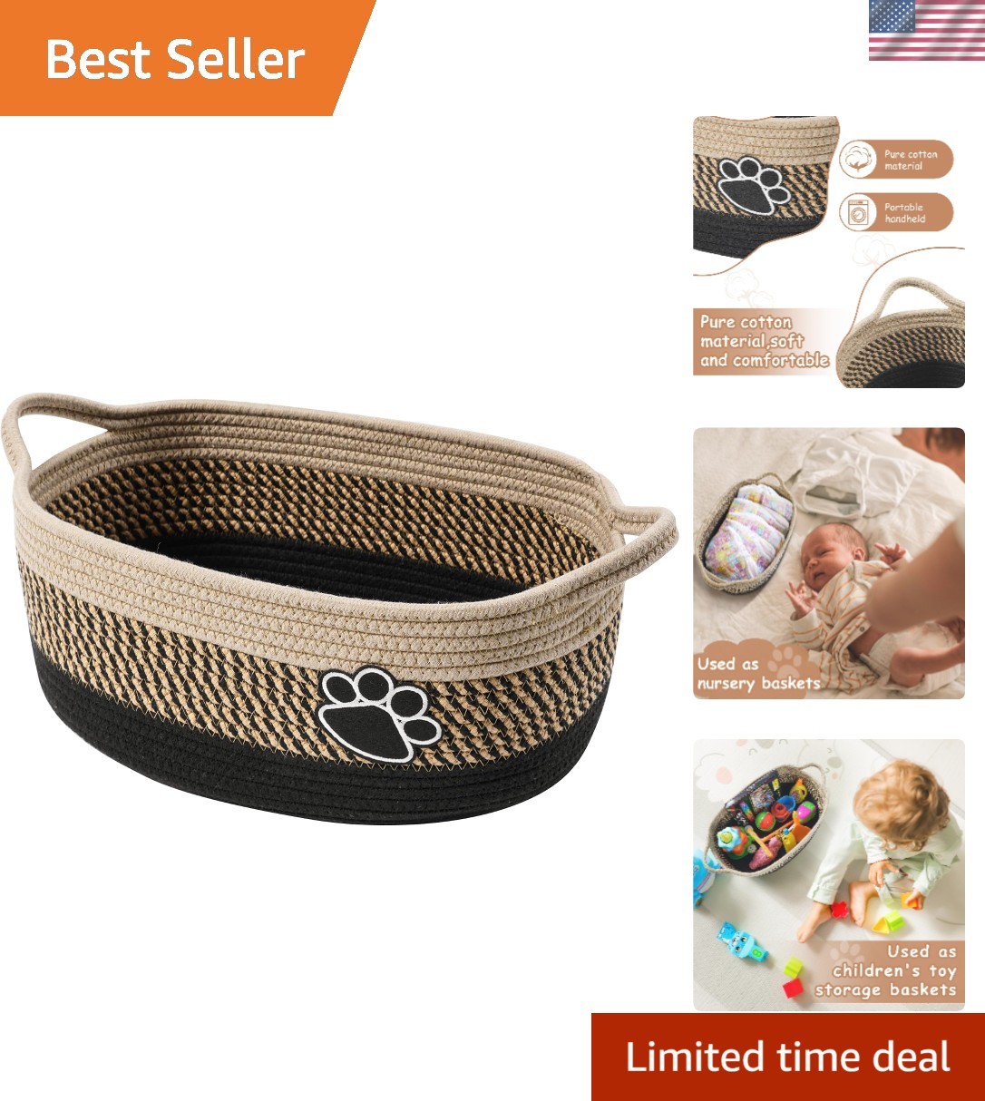 Small Woven Baskets for Organizing Rope Storage Basket with Handle Cute Cotto...