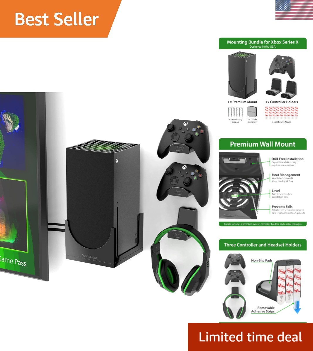 Exclusive Xbox Series X Wall Mount - Prevents Falling with 3 Controller Holders