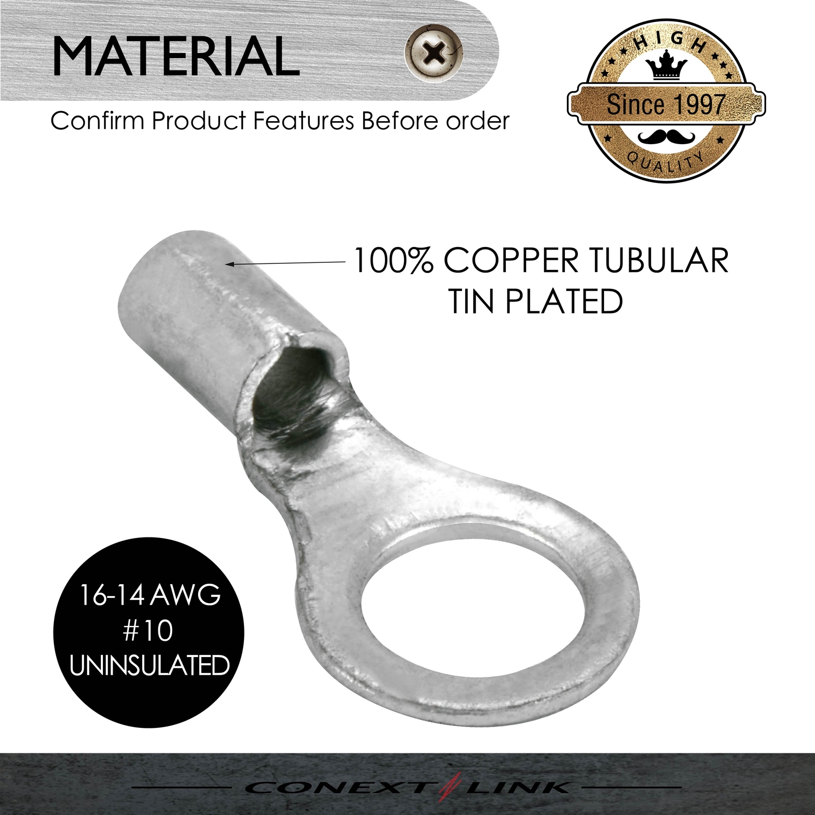 100 Ring Terminal Connector Non-Insulated Uninsulated 16-14 GA AWG Gauge #10