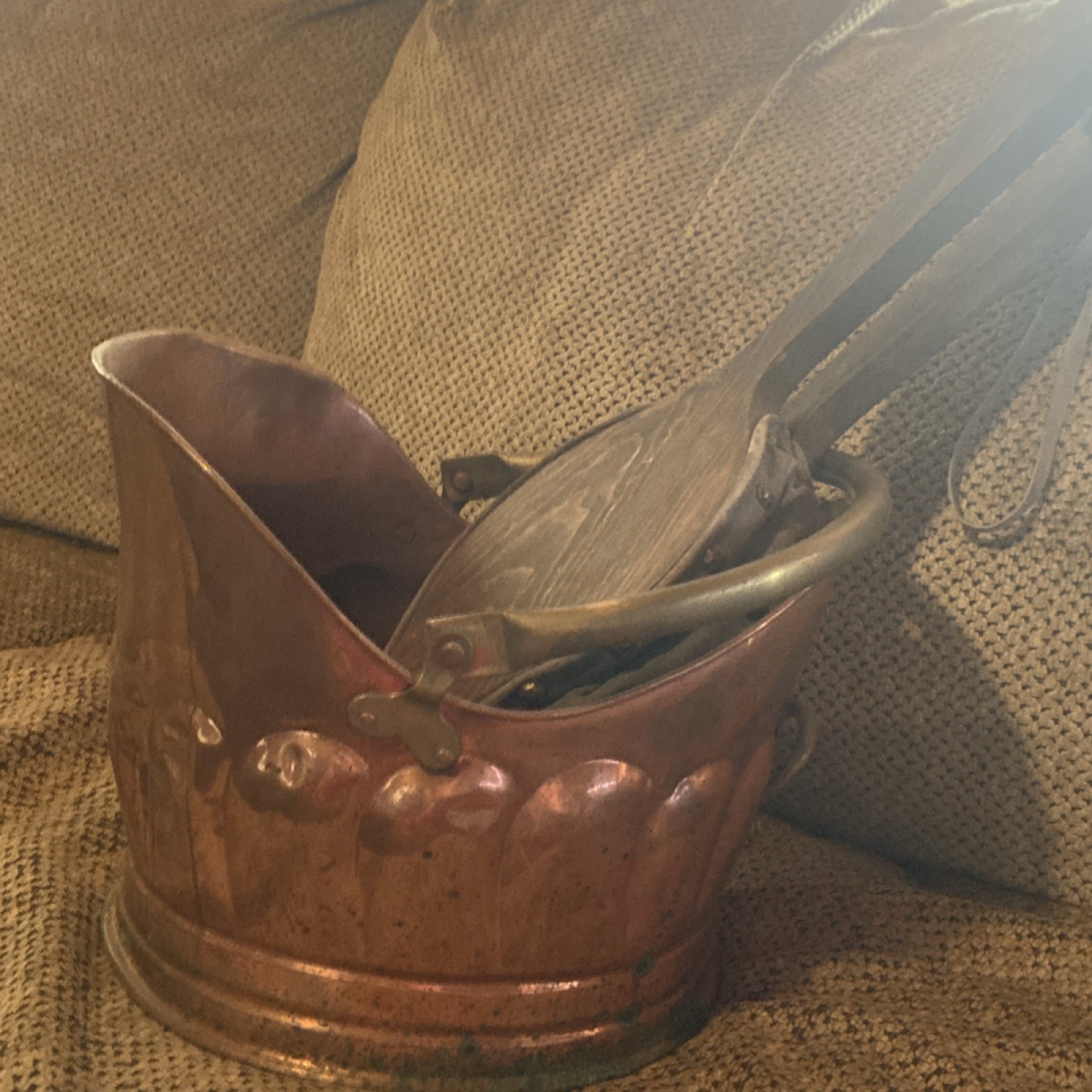 Copper Coal Scuttle & Wooden Fireplace Bellows Set for Fireplace or Stove
