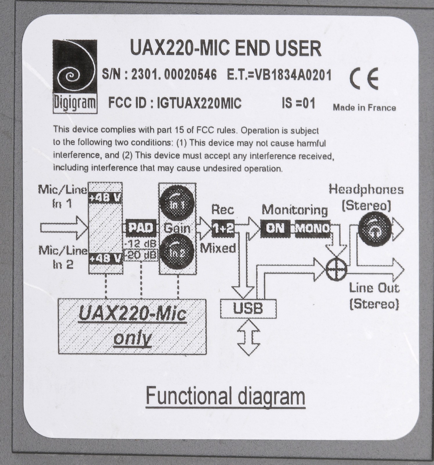 Digigram UAX220-MIC USB Digital Audio Computer Recording Interface Balanced XLR