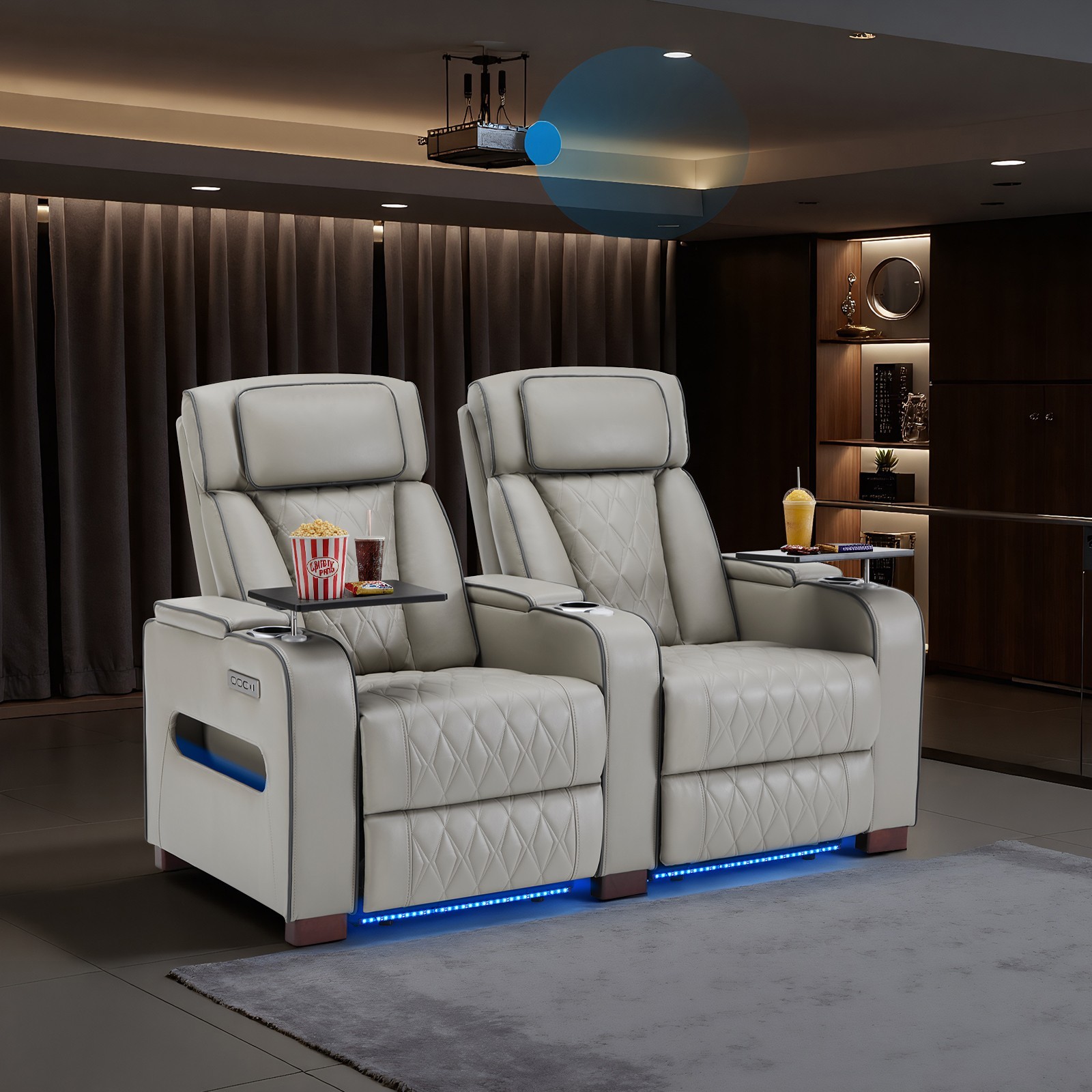 Home Theater Seating Power Recline Sofa With Powered Headrests, Table