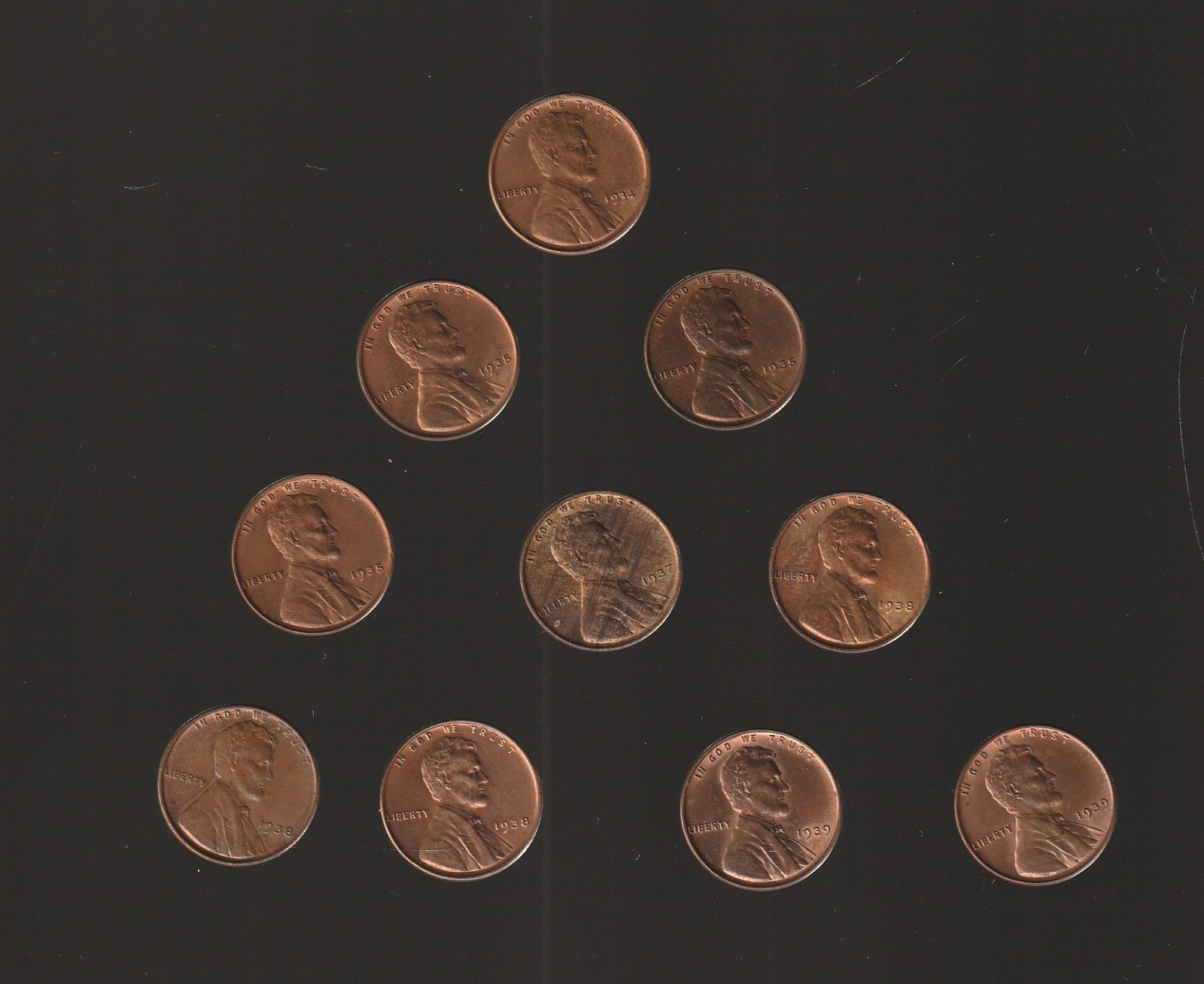 10   UNCIRCULATED  LINCOLN CENTS   1934/  3 1935/  1937/  3 1938/  2 1939   #62i