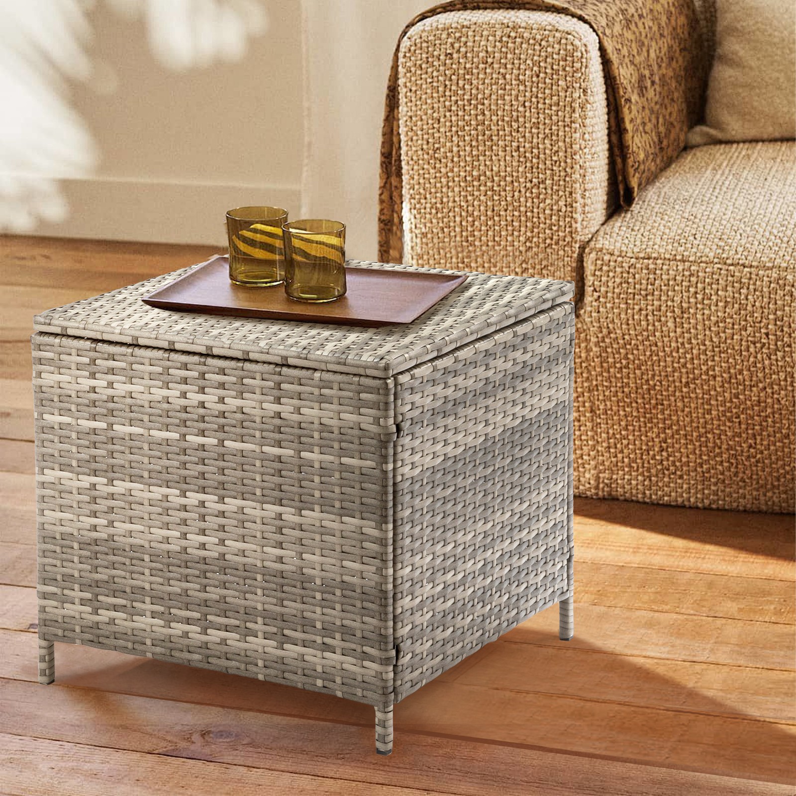 Outdoor PE Wicker Side Table with Storage, Patio Rattan End Table Square, Grey