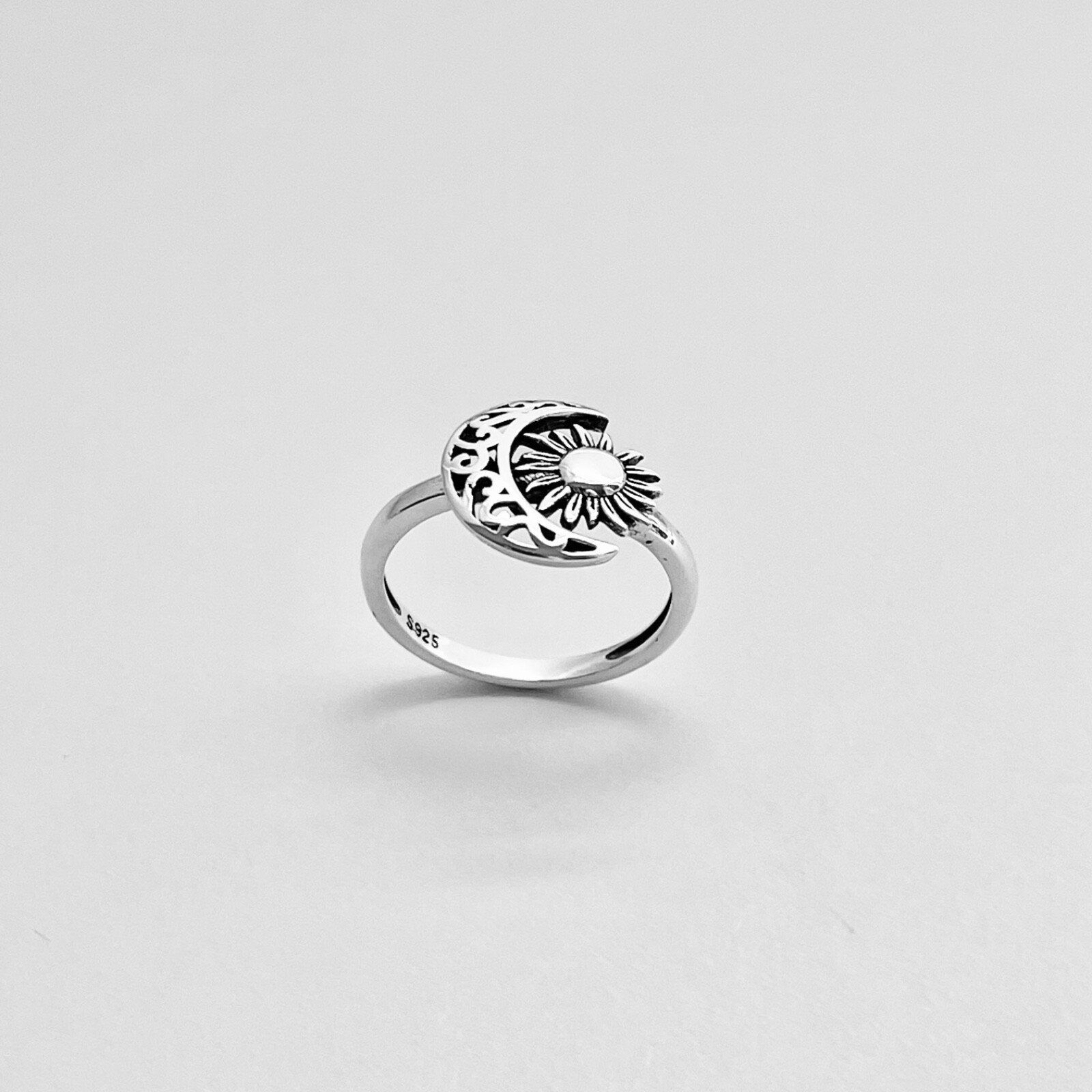 Sterling Silver Filigree Moon Face and Sun Ring, Celestial Silver Rings