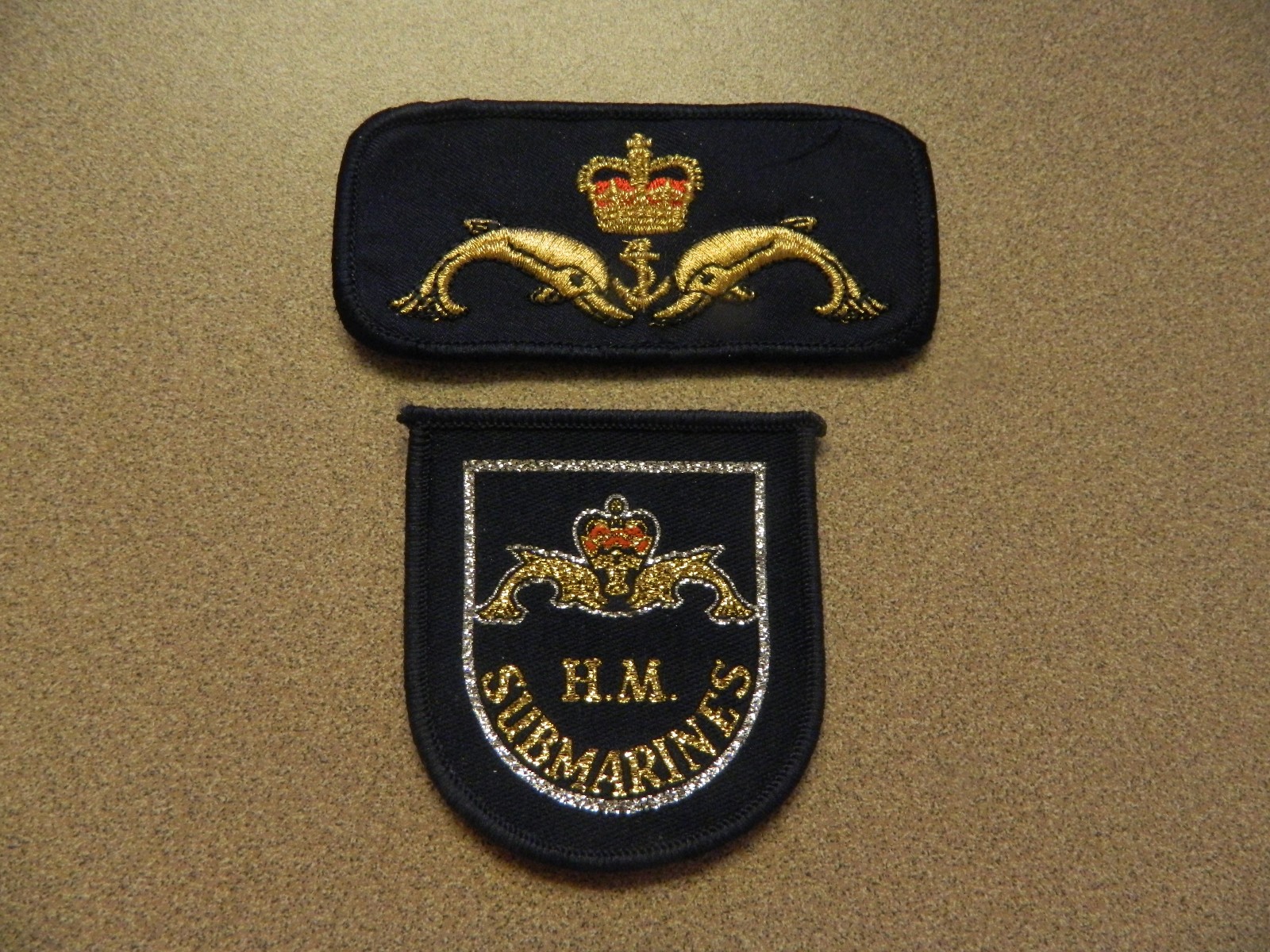 (2) UK NAVY CLOTH HM "ENGLAND" SUBMARINE BADGE / INSIGNIA (2) TWO