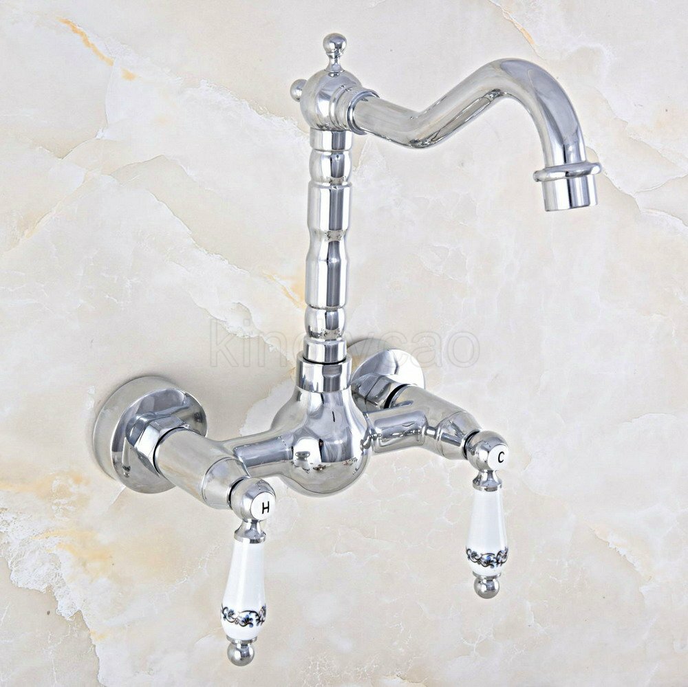 Polished Chrome Kitchen Sink Faucet Swivel Spout Mixer Tap Dual Ceramics Handles