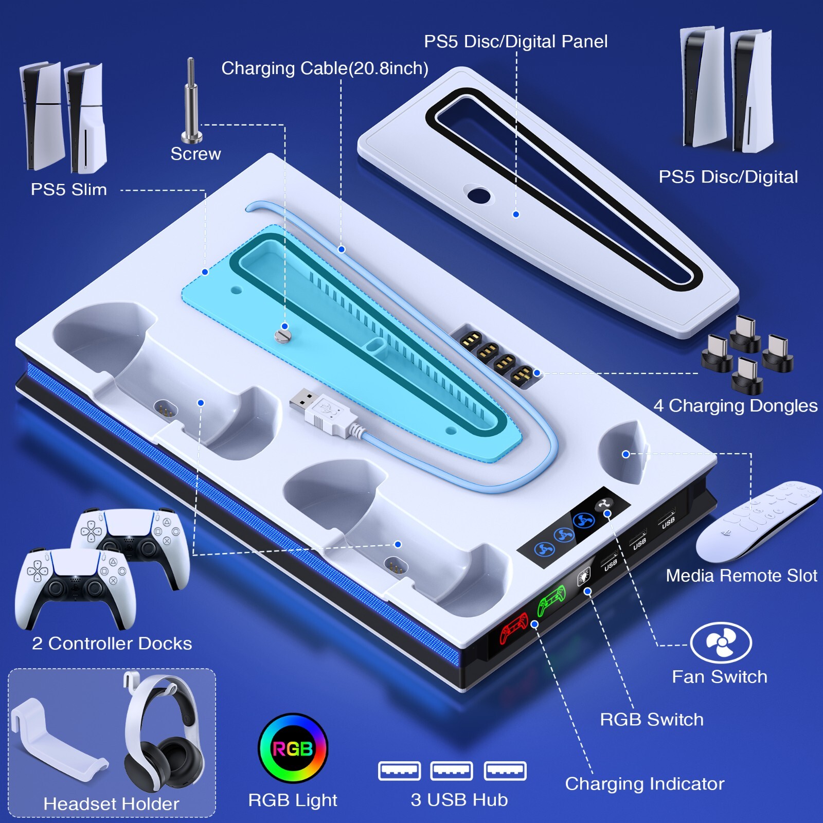 PS5 Stand Cooling Fan Dual Controller Charging Station Playstation 5 Accessories