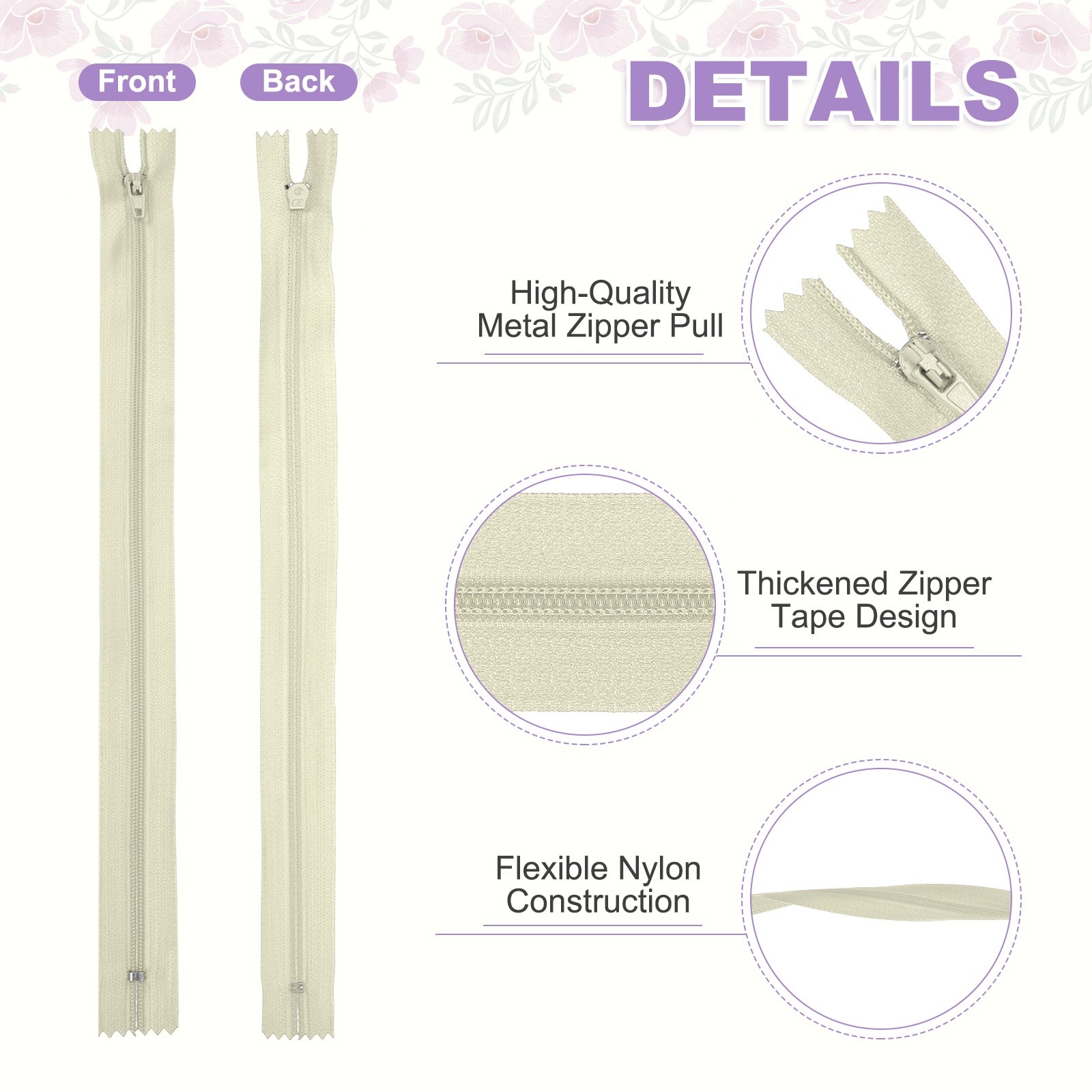 13 Inch Nylon Coil Zippers, #3 Beige Sewing Zippers,Pack of 22