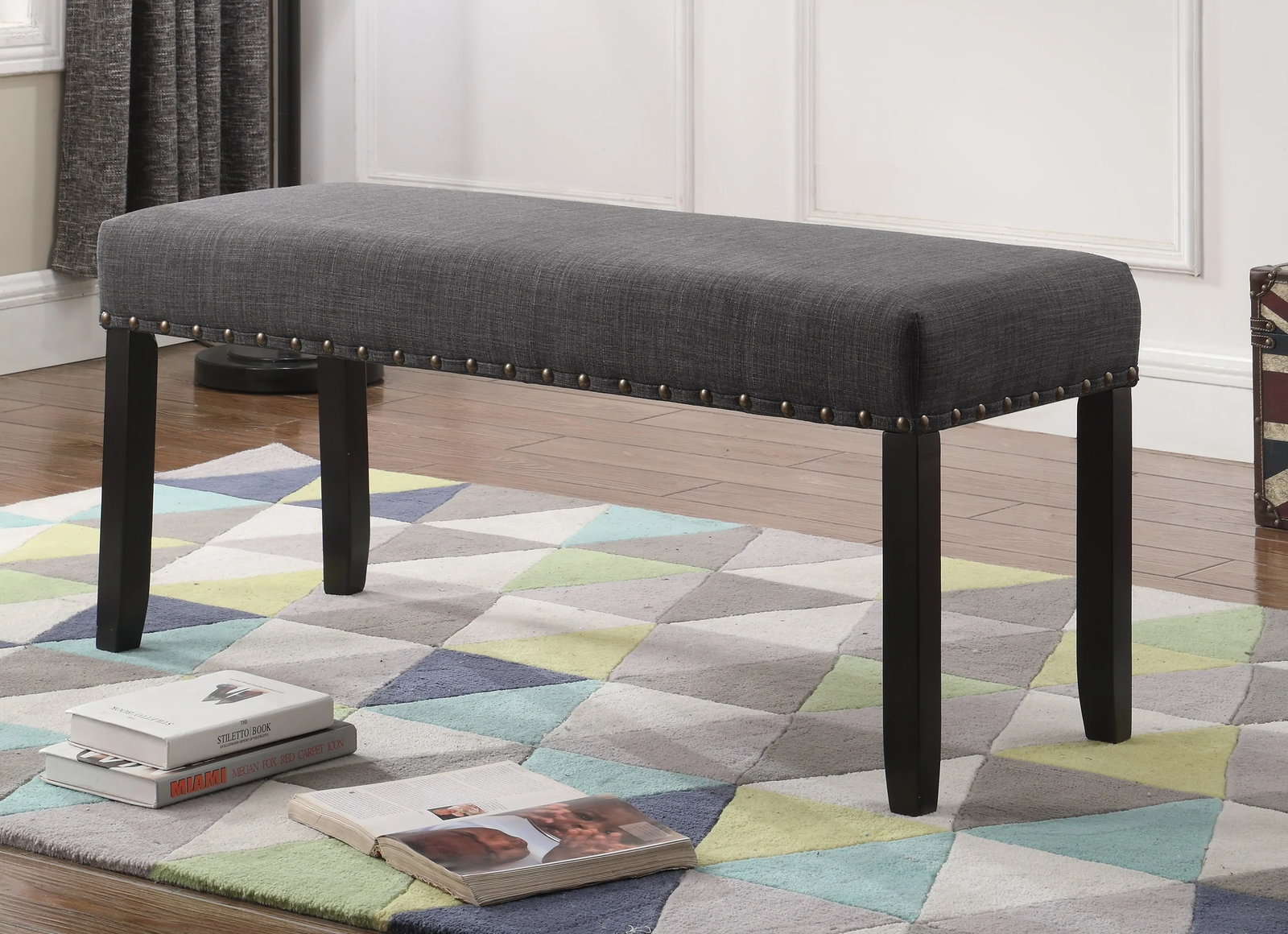 Biony Grey Fabric Dining Bench with Nailhead Trim