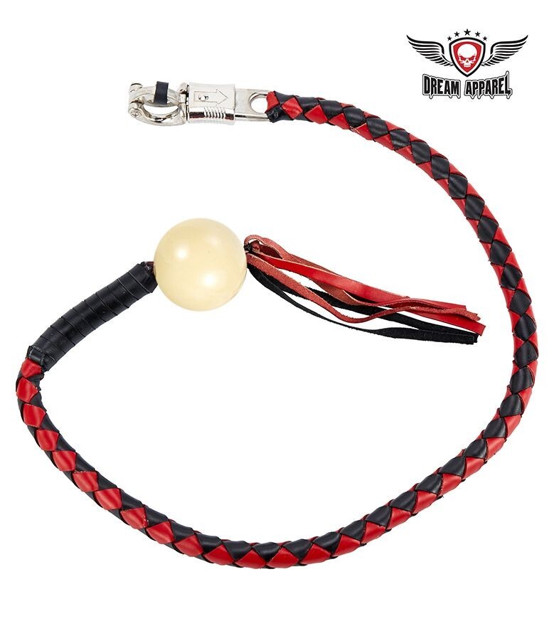 42 In Long Black/Red White Pool Ball Fringed Hand-Braided Biker Get Back Whip
