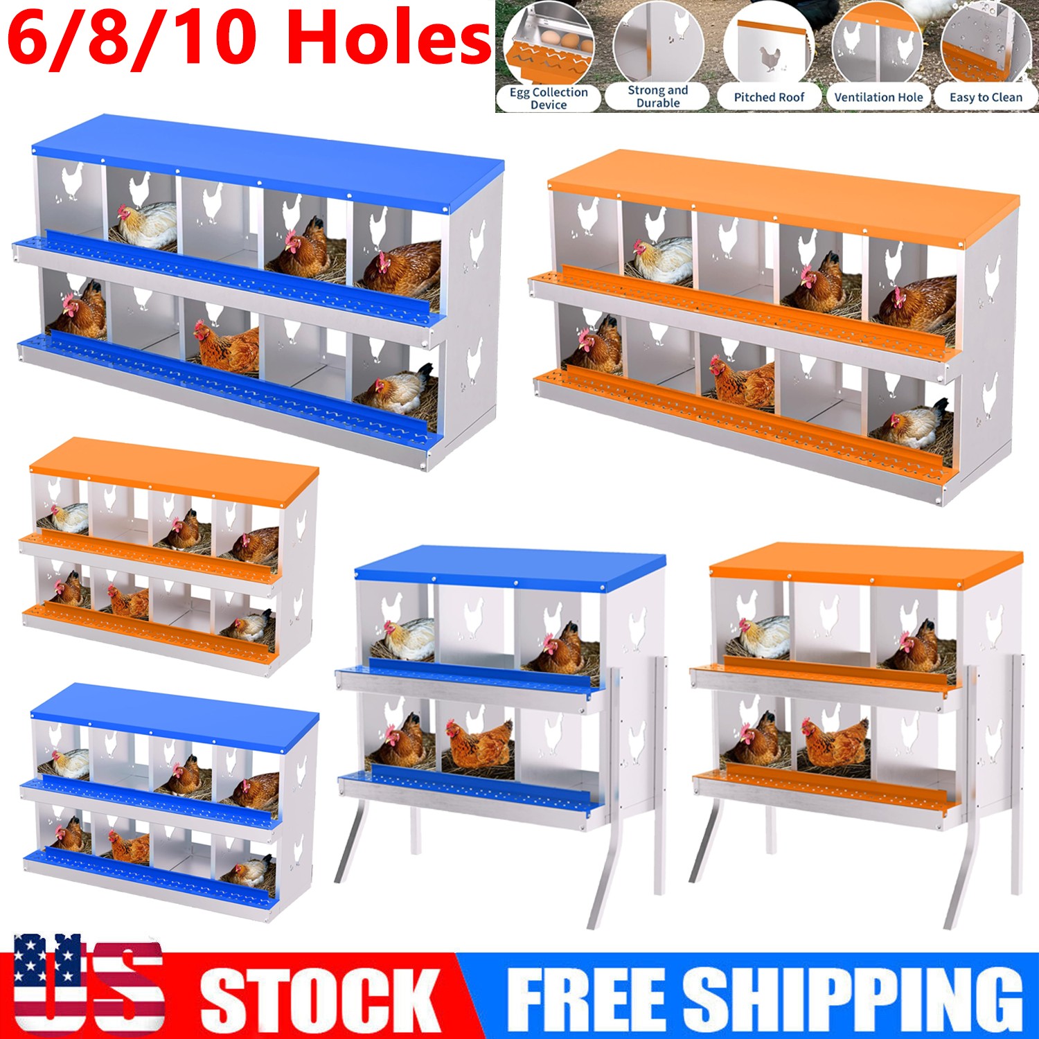 6/8/10 Holes Chicken Nesting Box Hen Coop Roll Away Nesting Box for Laying Egg
