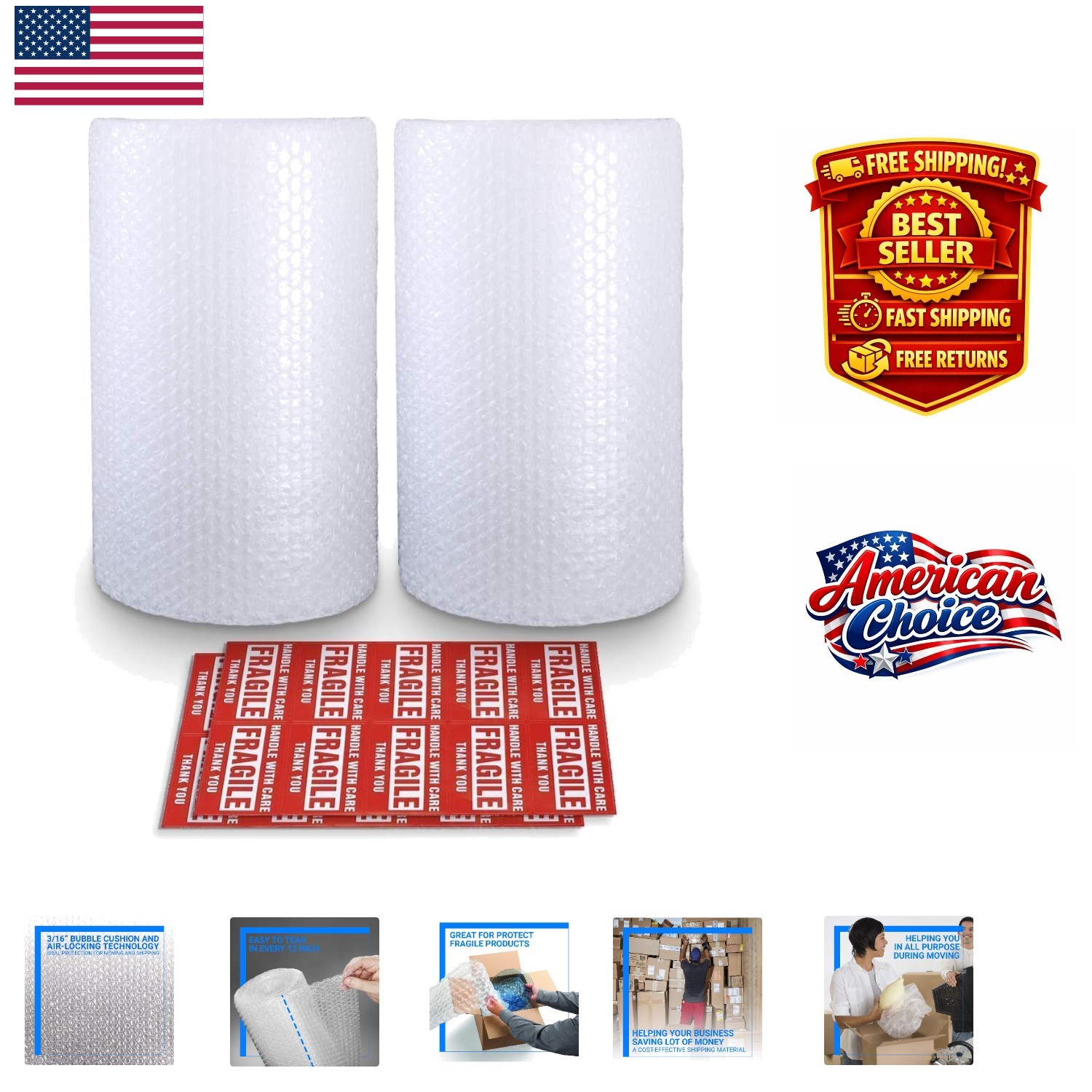 Versatile Bubble Cushioning Wrap for Safe Shipping - 2 Rolls with Fragile Labels