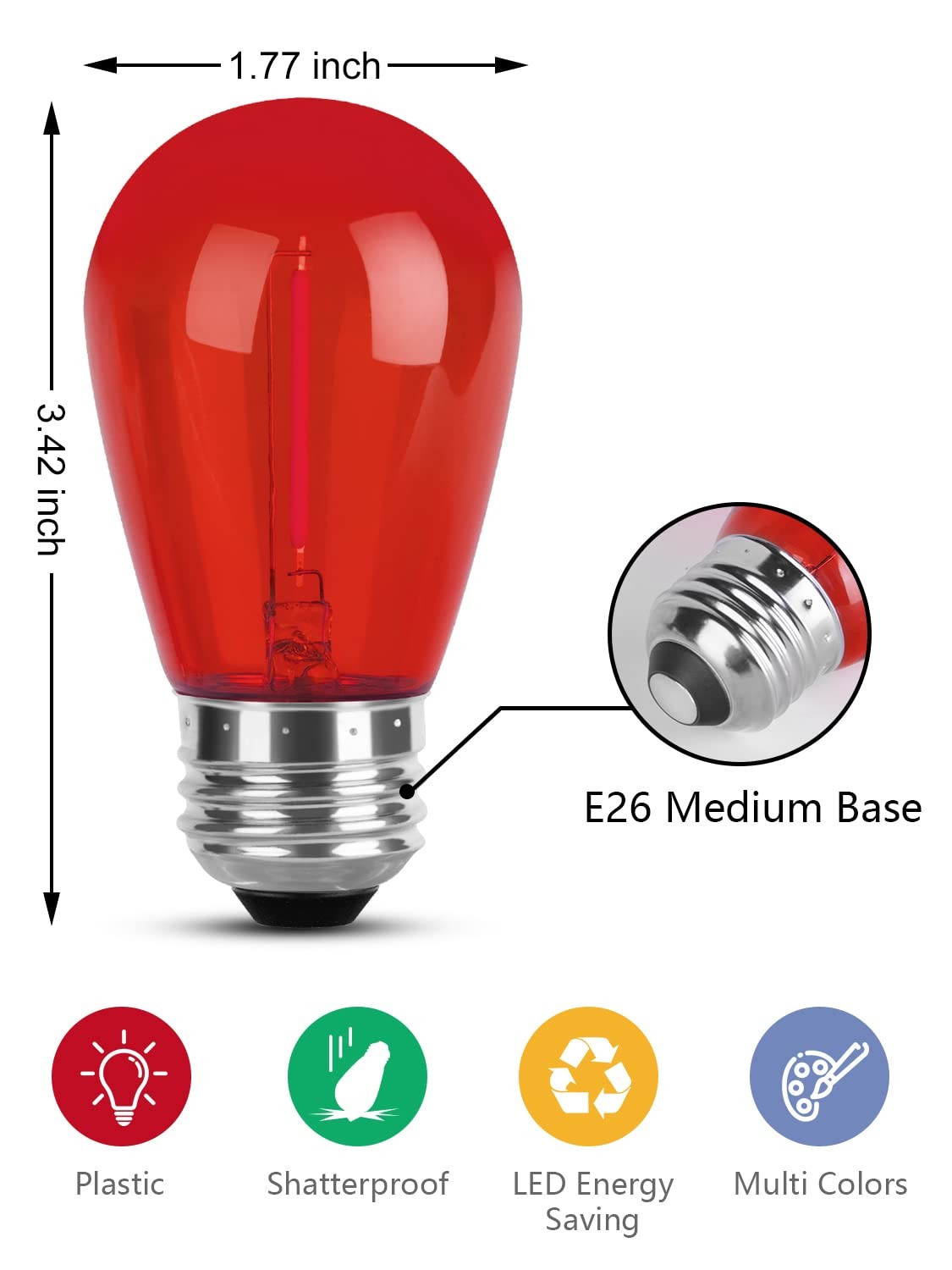 Colored Led String Light Bulbs Replacement, S14 Multi-Color with E26 Screw Base