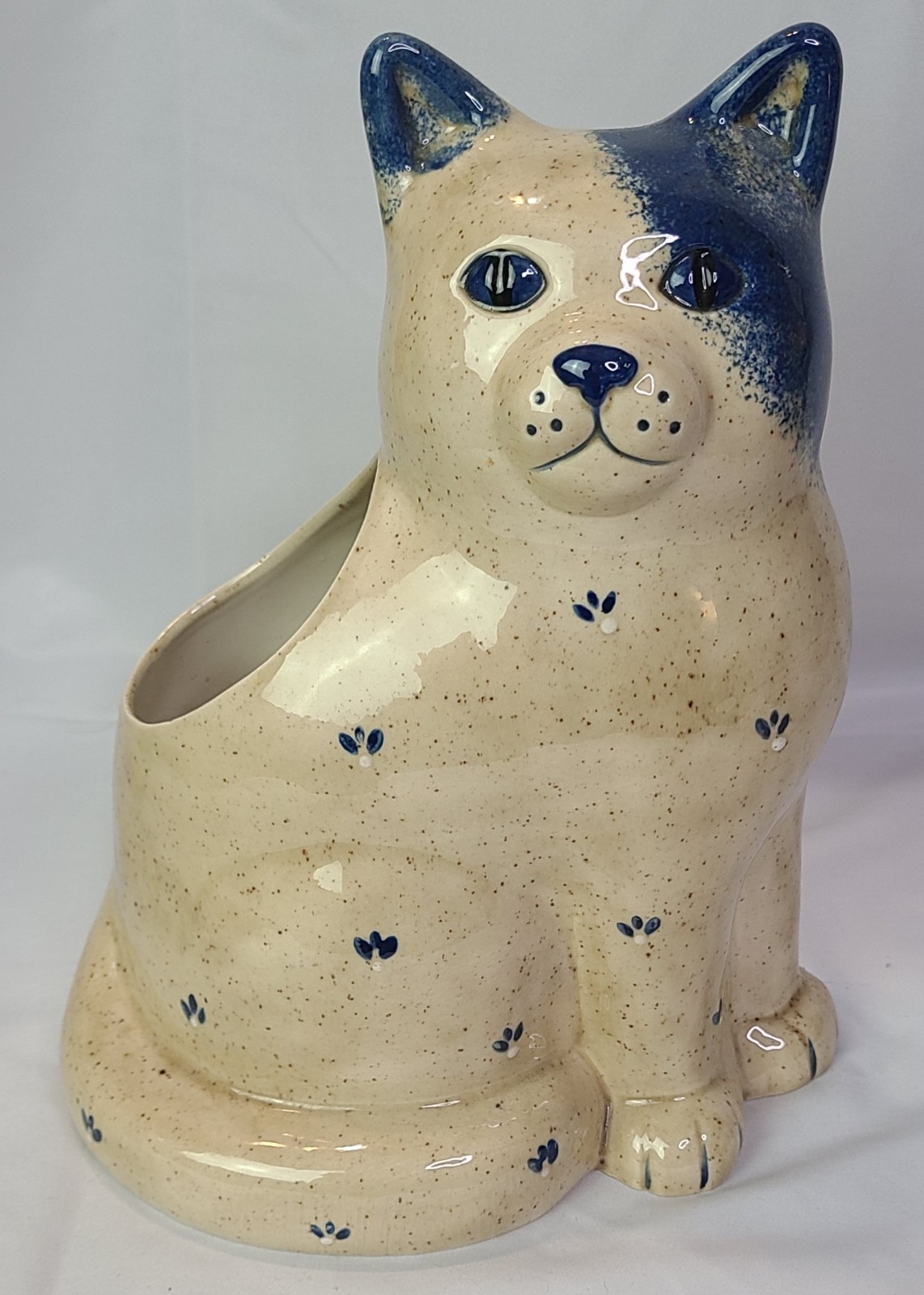 Vintage Cat Planter Vase Ceramic Hut Astoria Oregon Blue Tan 12 Inches