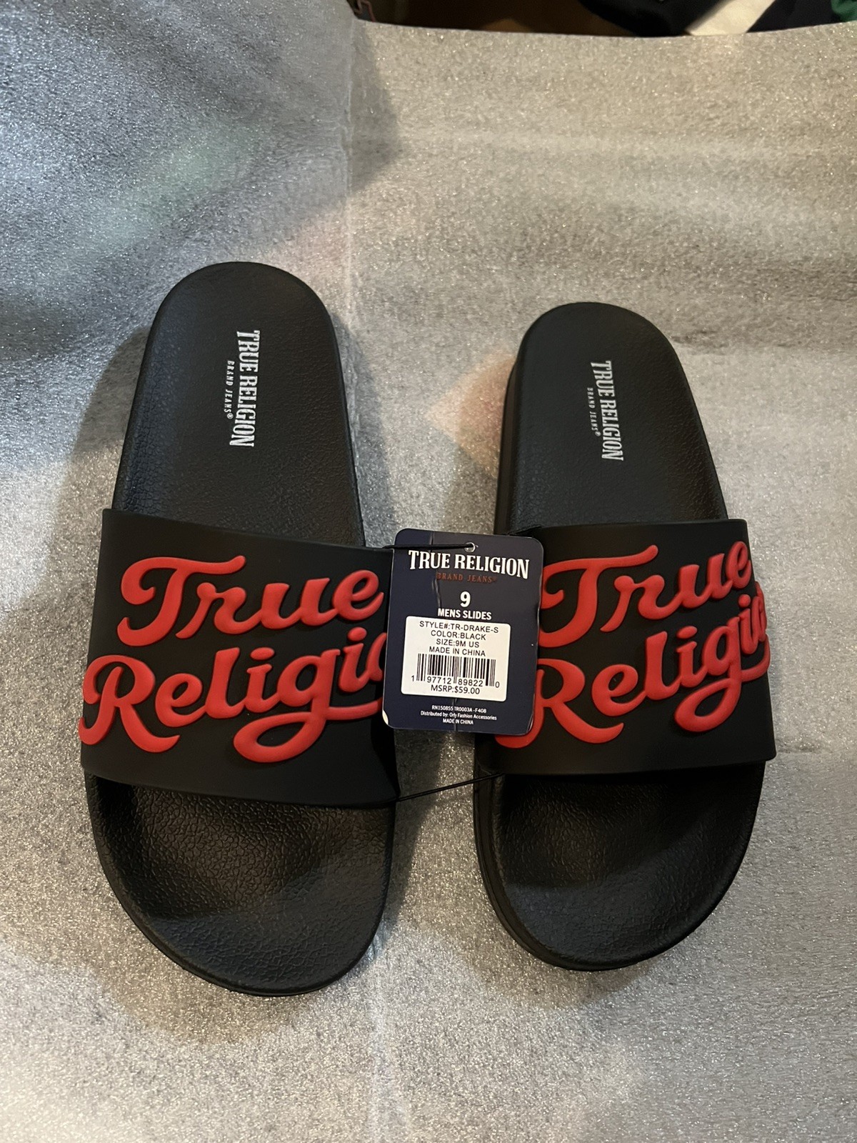 Men’s True Religion TR Drake-s Slides NWT Black Red  Size 9