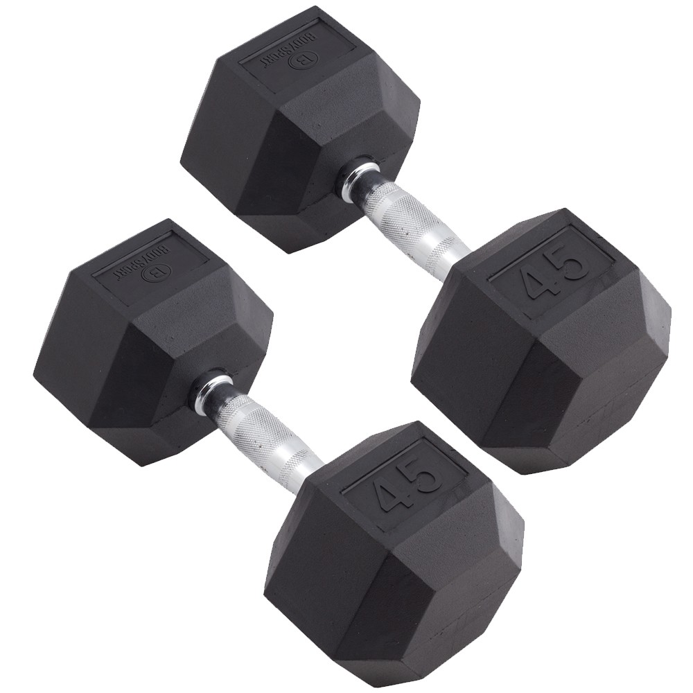 Body Sport Rubber Encased Hex Dumbbell Weight –  Exercises – 45 lb Pair