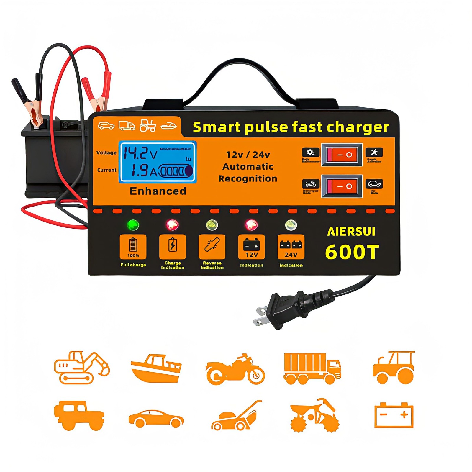 AIERSUI 12V/24V Smart Battery Charger, 6AH~200AH Lithium ion Orange