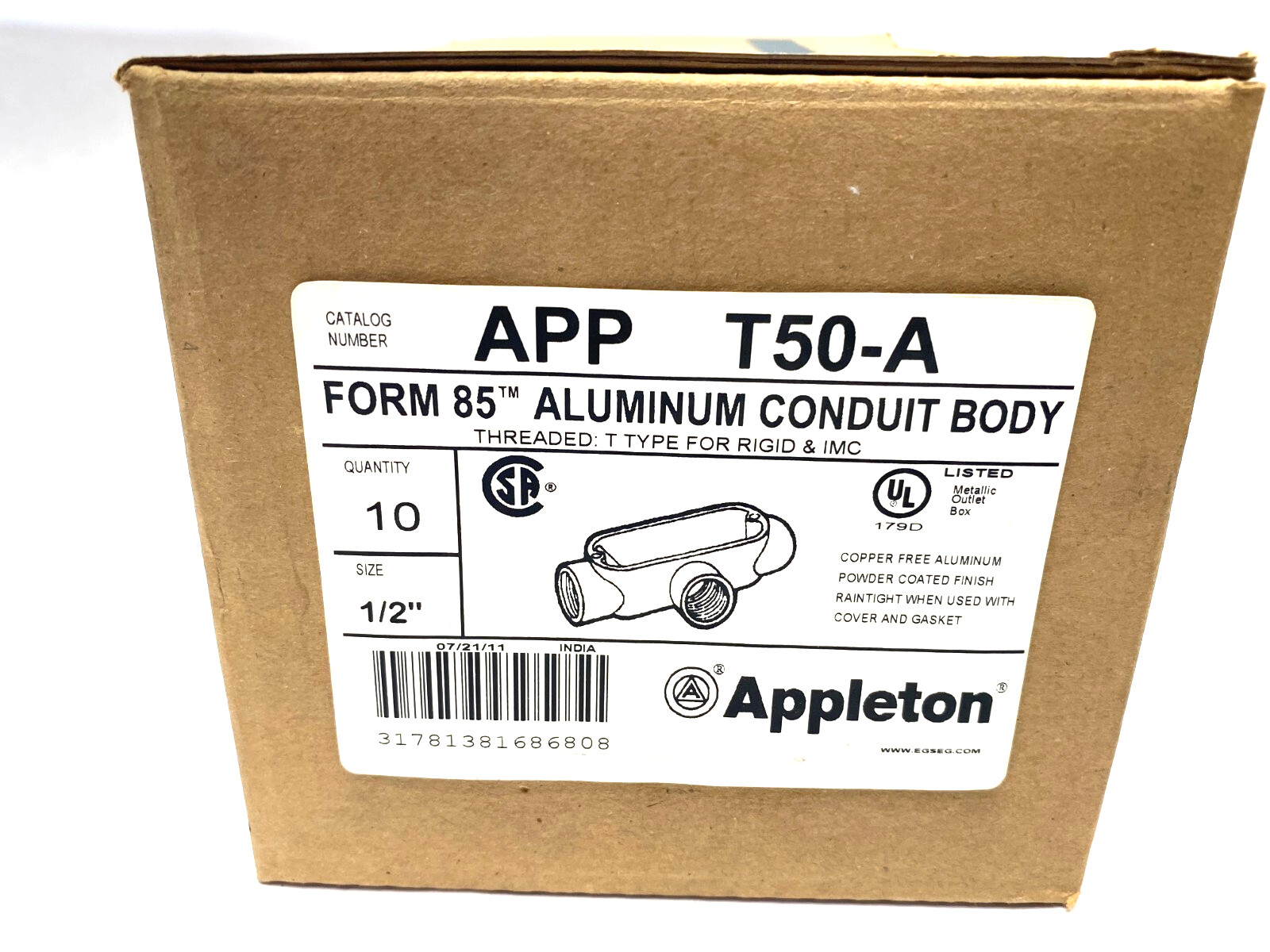 EGS Appleton APP T50-A Form 85 Aluminum Conduit Body 1/2" BOX OF 10